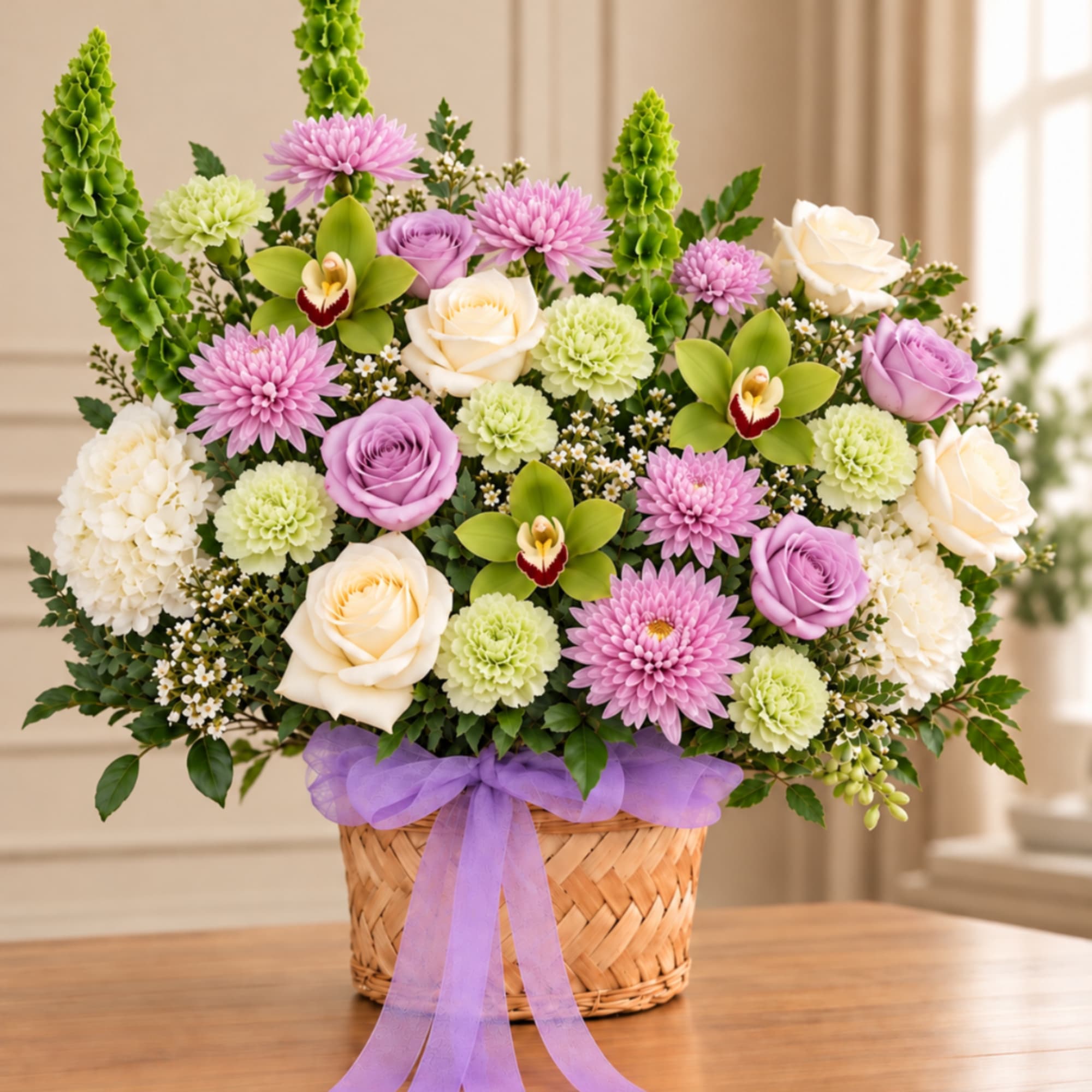Basket arrangement of pink and cream flowers with a purple ribbon