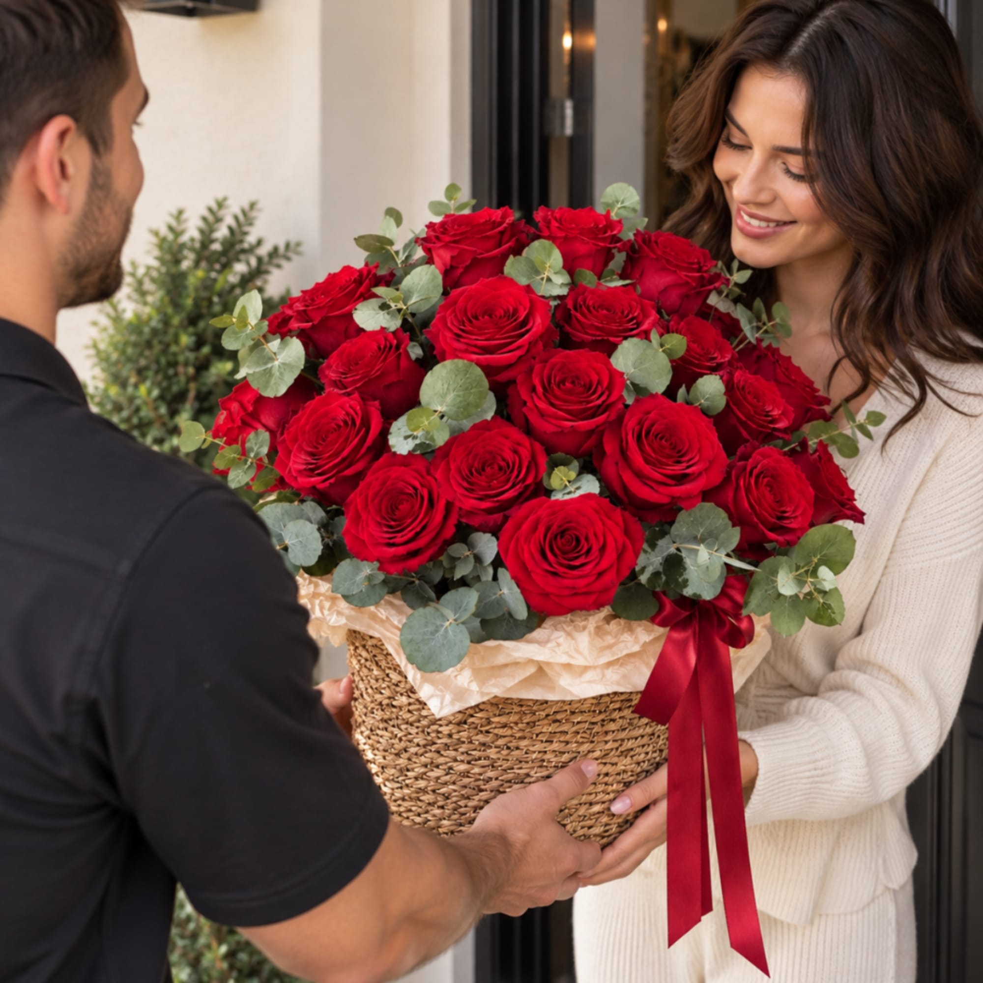 Large basket of red roses with a ribbon being handed to a woman