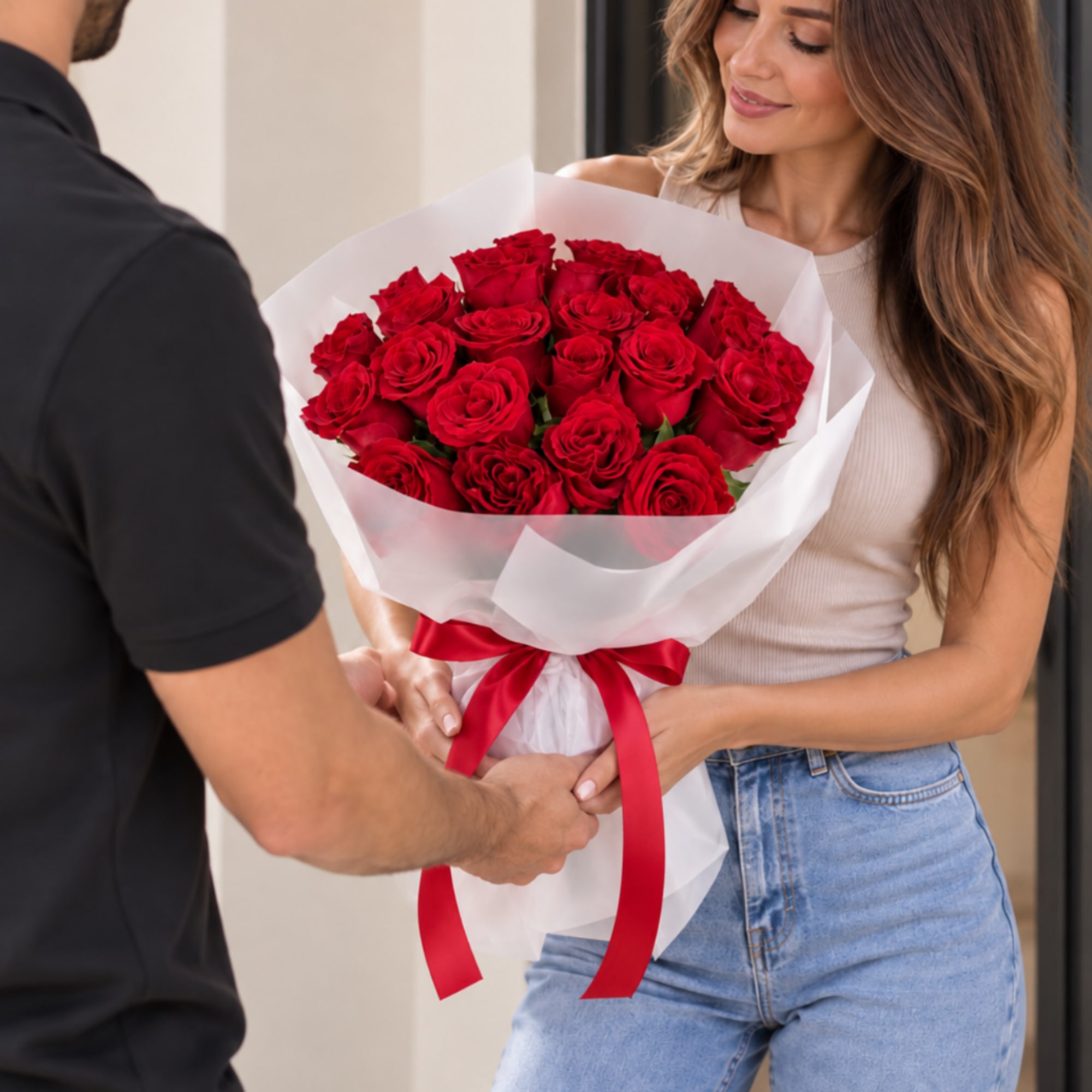 Woman holding a bouquet of red roses wrapped in white paper with a red ribbon., photo 3 of 3