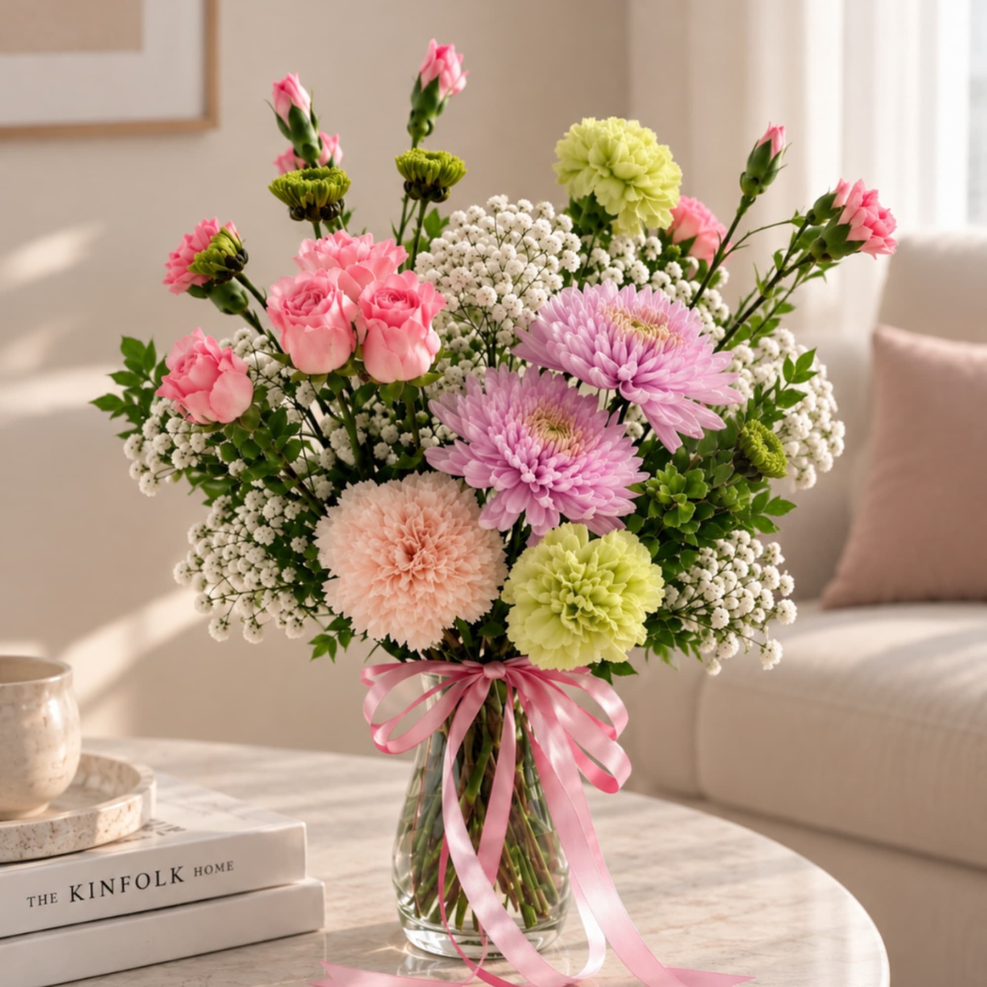 Pink and lavender mixed bouquet in a clear glass vase with a pink ribbon
