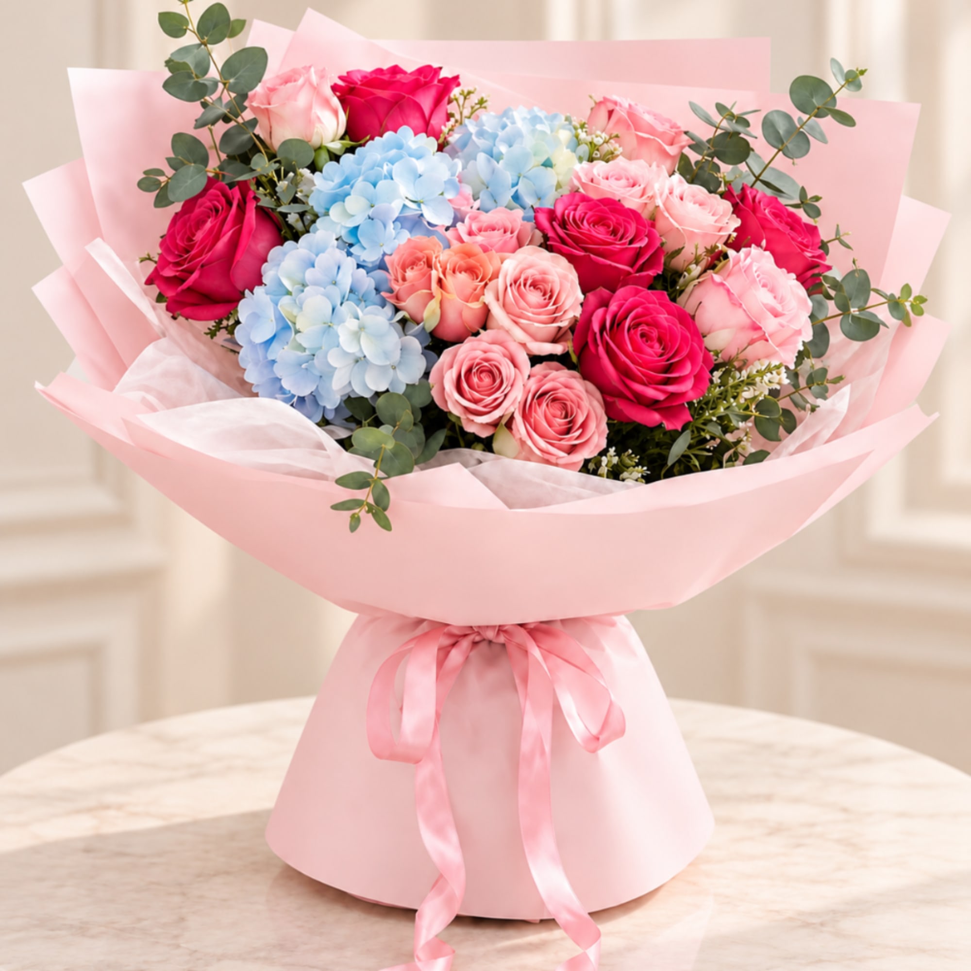 Bouquet of pink roses and blue hydrangeas wrapped in pink paper