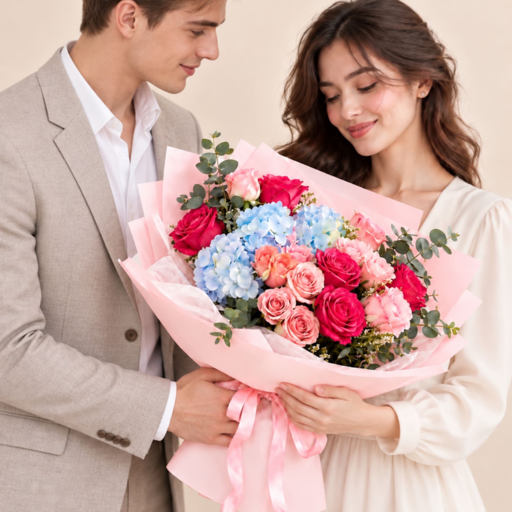 Couple holding a pink-wrapped bouquet of roses and hydrangeas