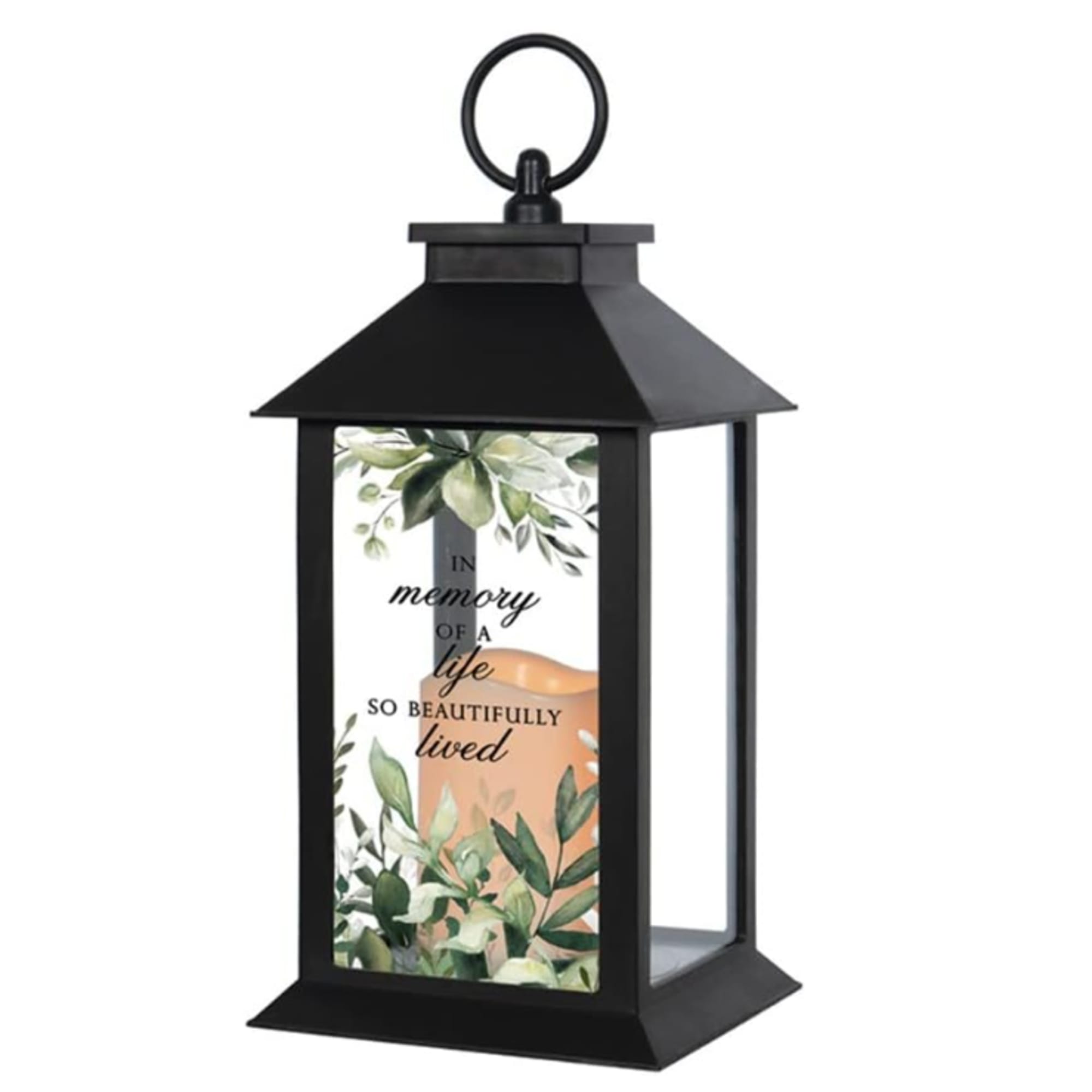 Black lantern with a memorial candle insert and leafy design
