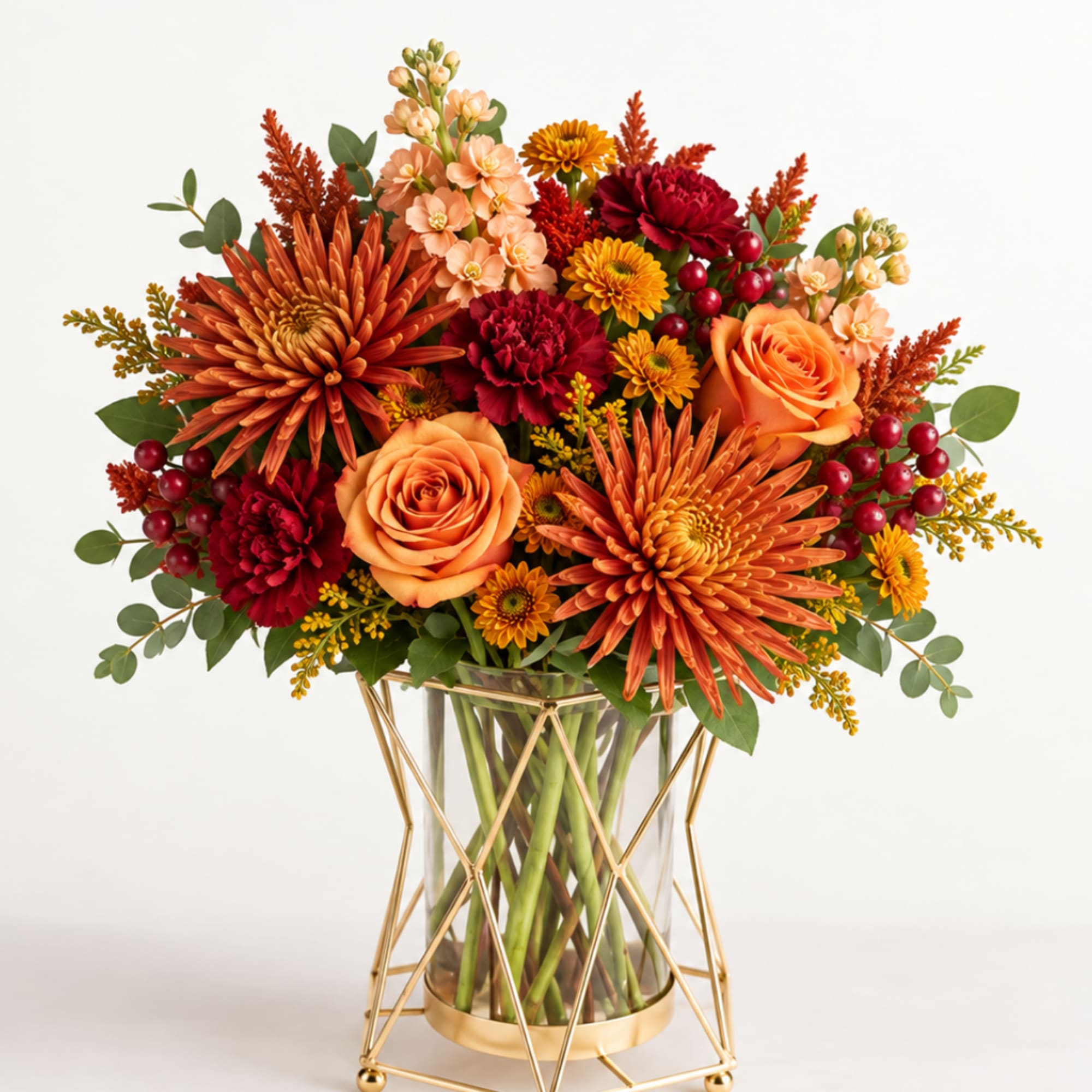 Orange and red floral arrangement in a glass vase with gold stand