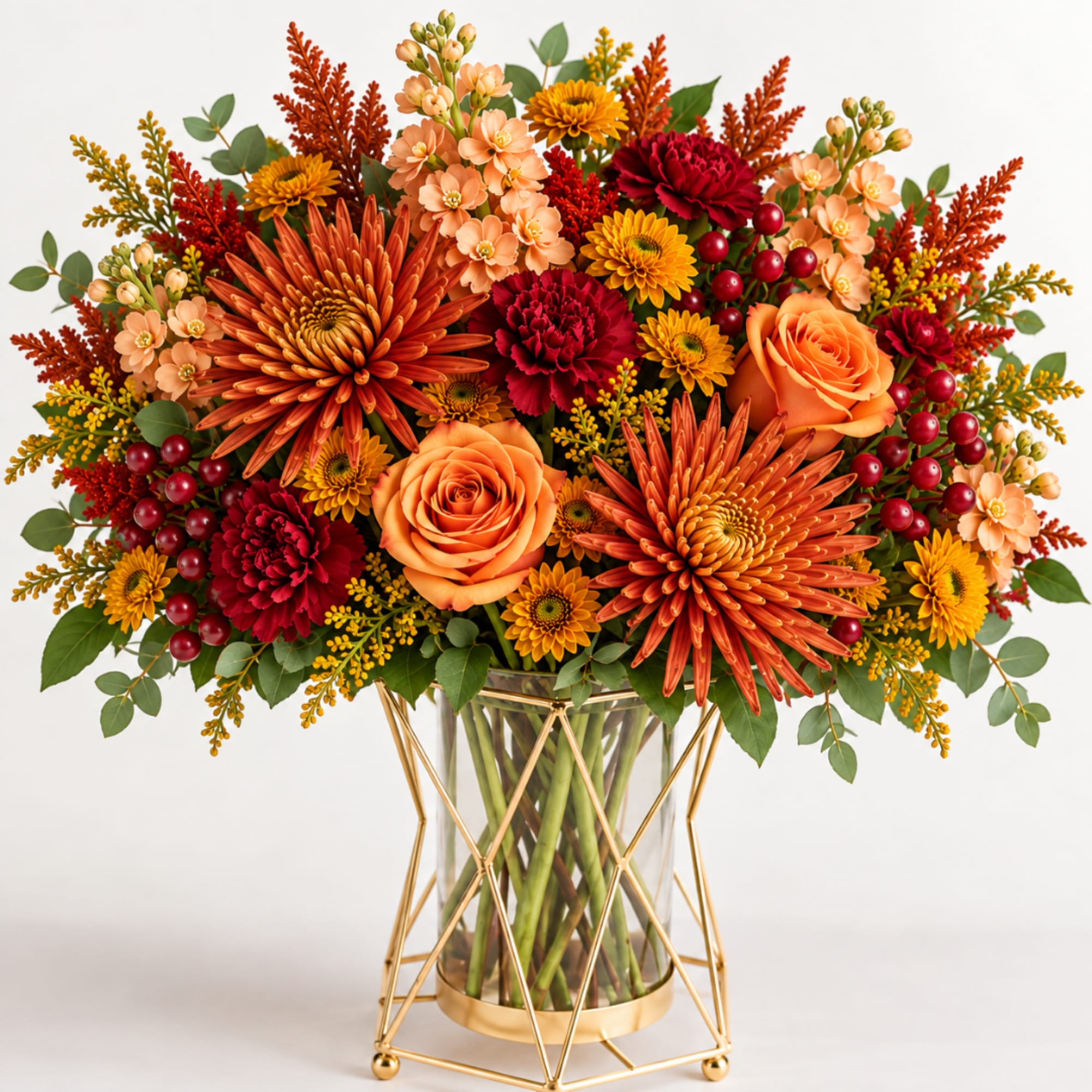 Orange and red floral arrangement in a glass vase with gold stand