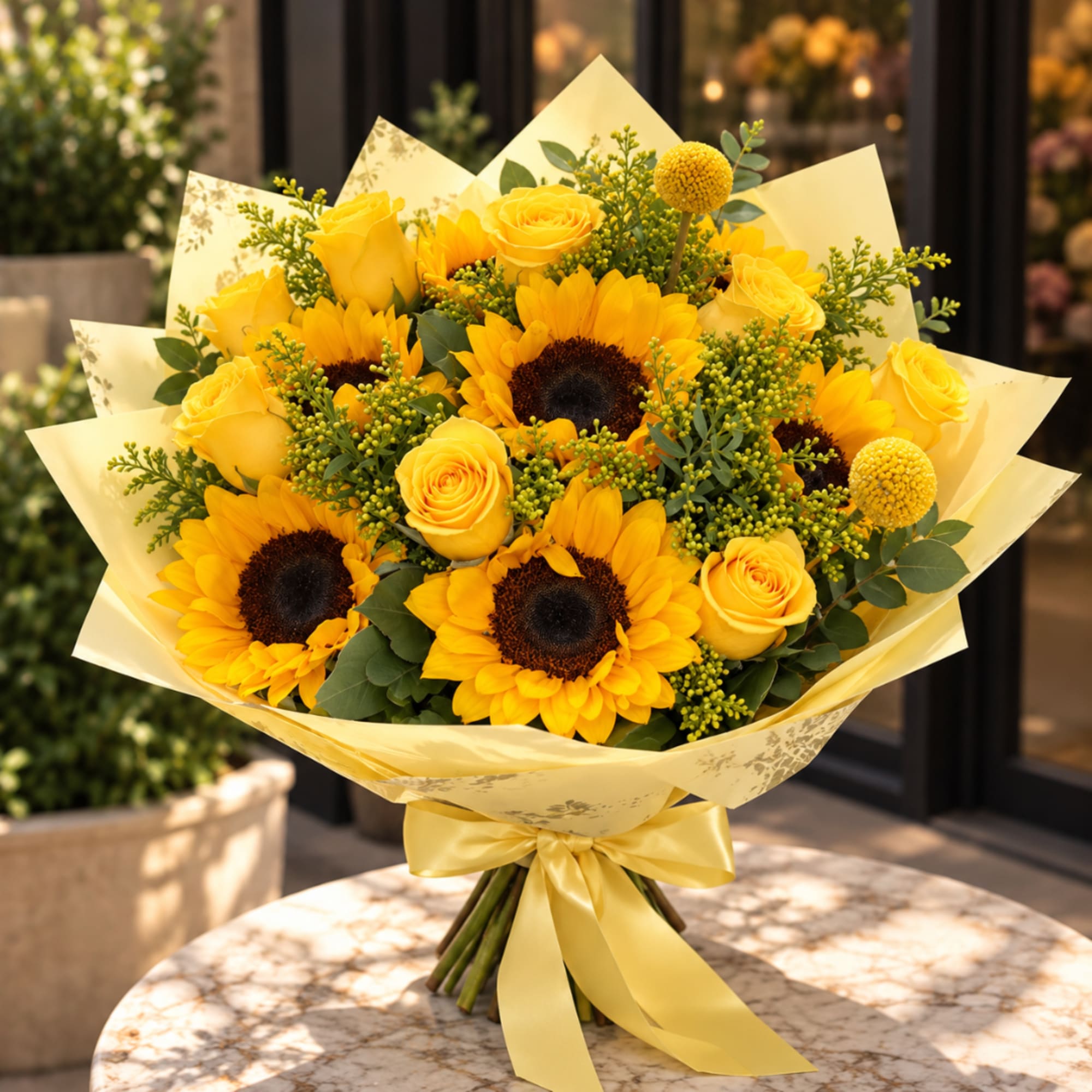 Bouquet of yellow sunflowers and roses wrapped in pale yellow paper with a ribbon.
