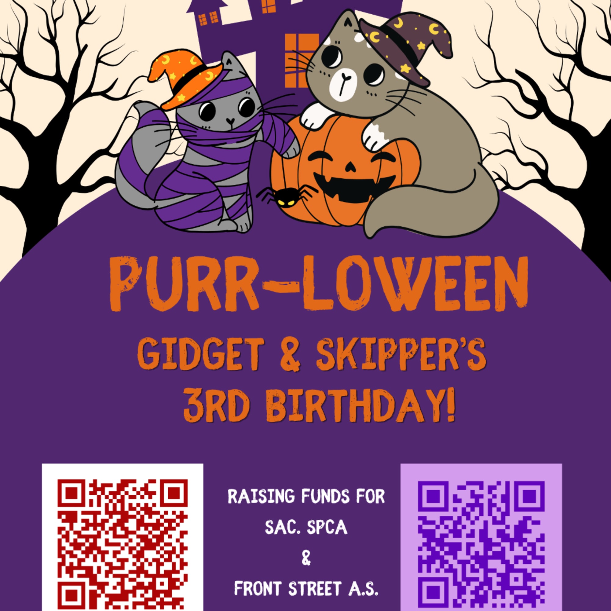 Halloween birthday poster with two cats on a pumpkin and QR codes