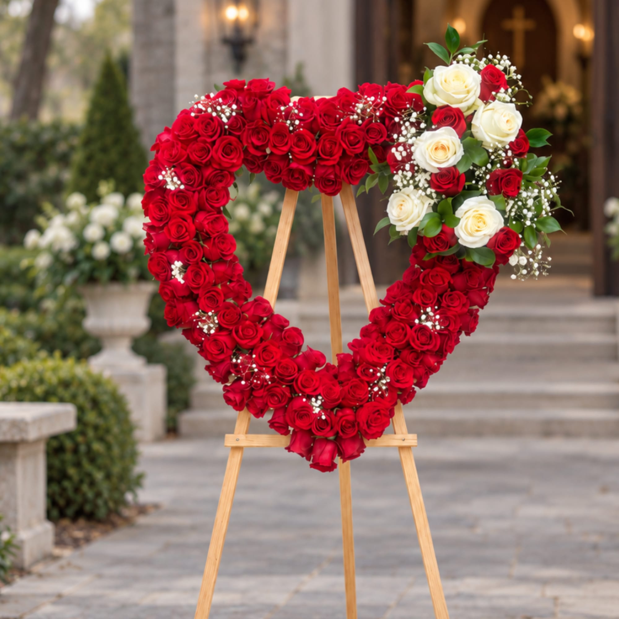 Heart-shaped rose wreath on a wooden easel