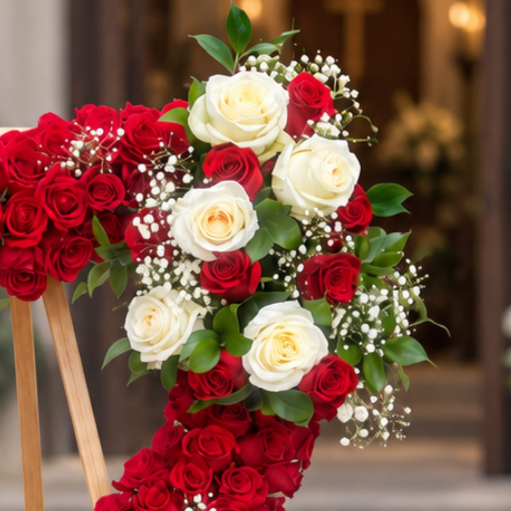 Heart-shaped arrangement of red and white roses on an easel