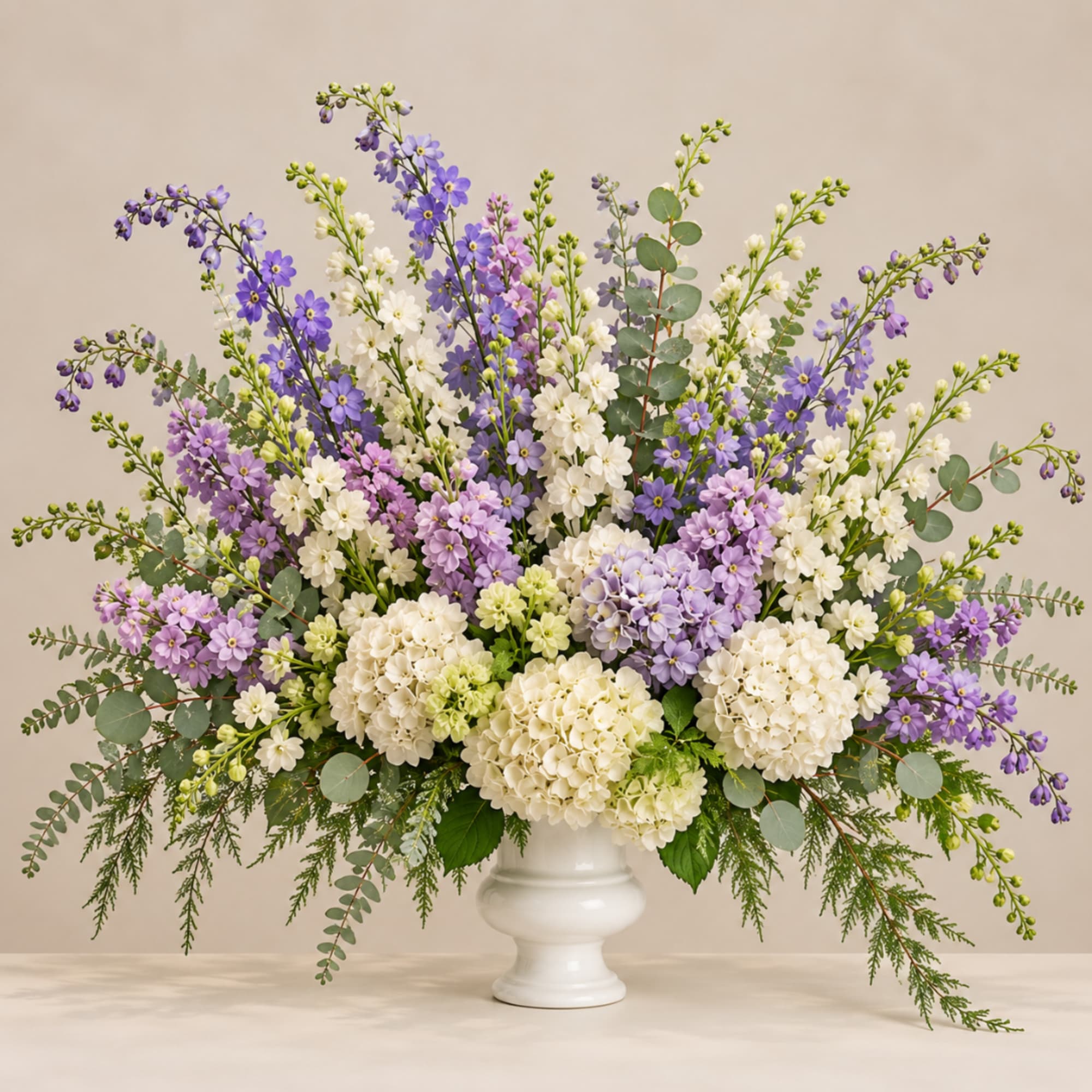 Lavender and white floral arrangement in a white pedestal vase