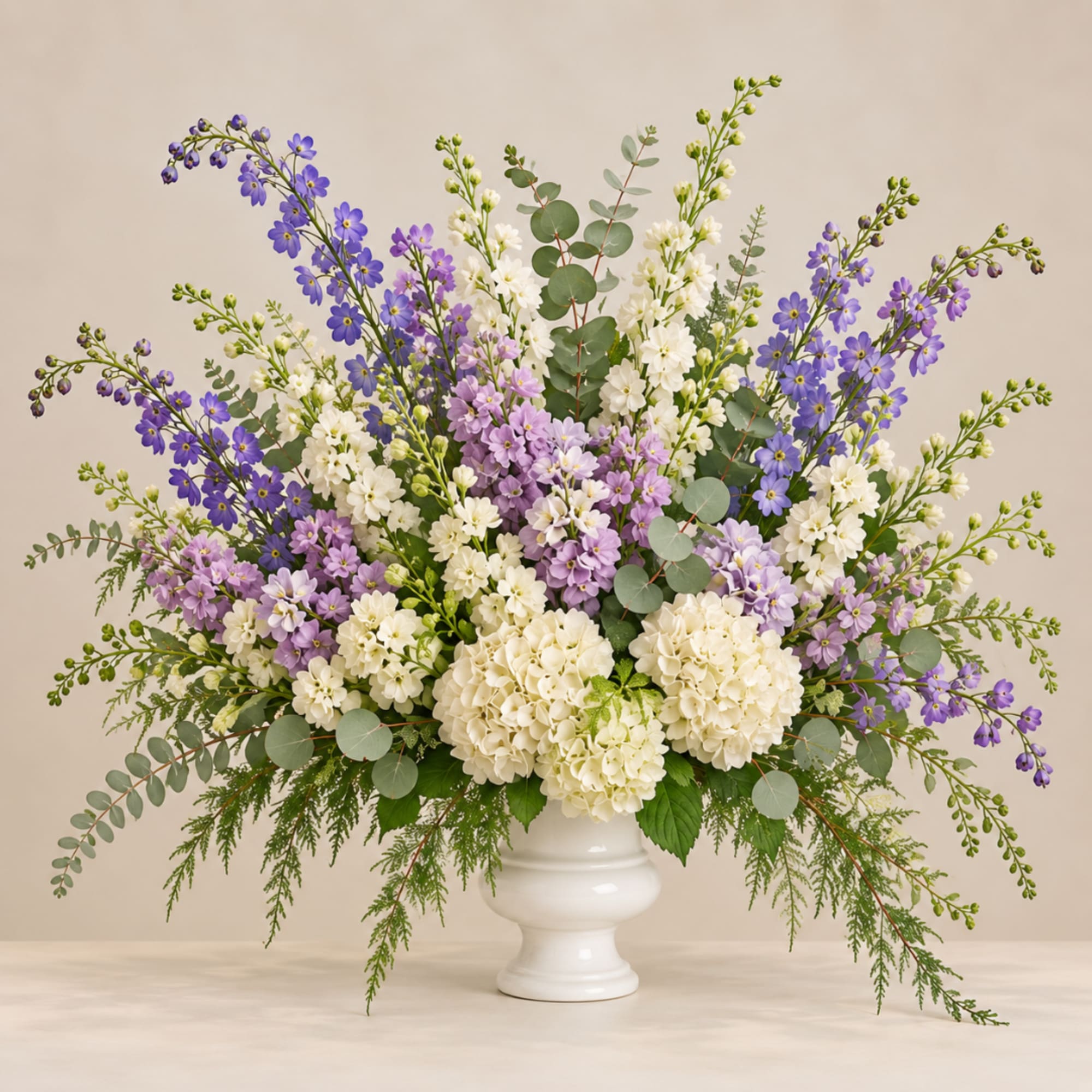 Lavender and white floral arrangement in a white pedestal vase