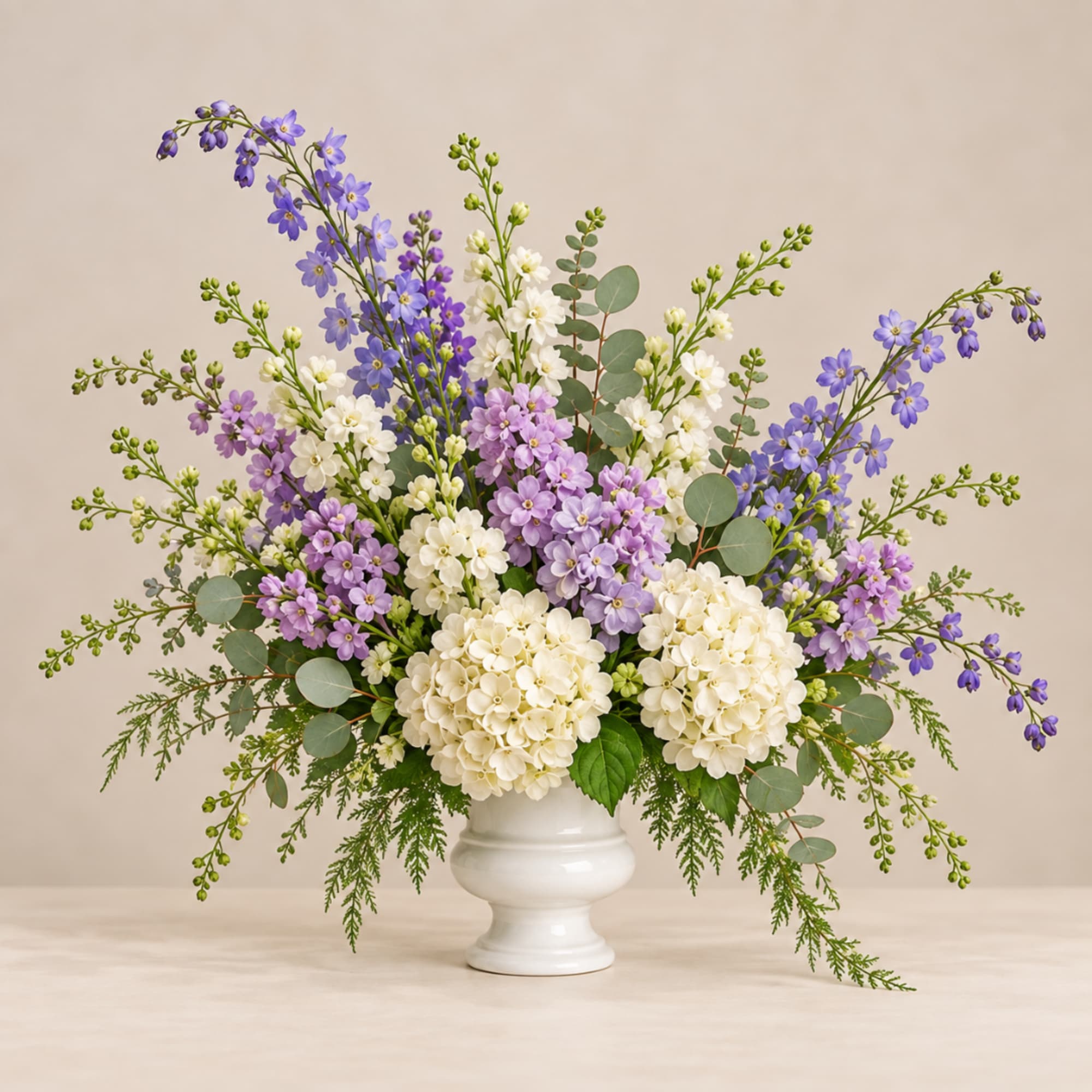 White and lavender flower arrangement in a white vase