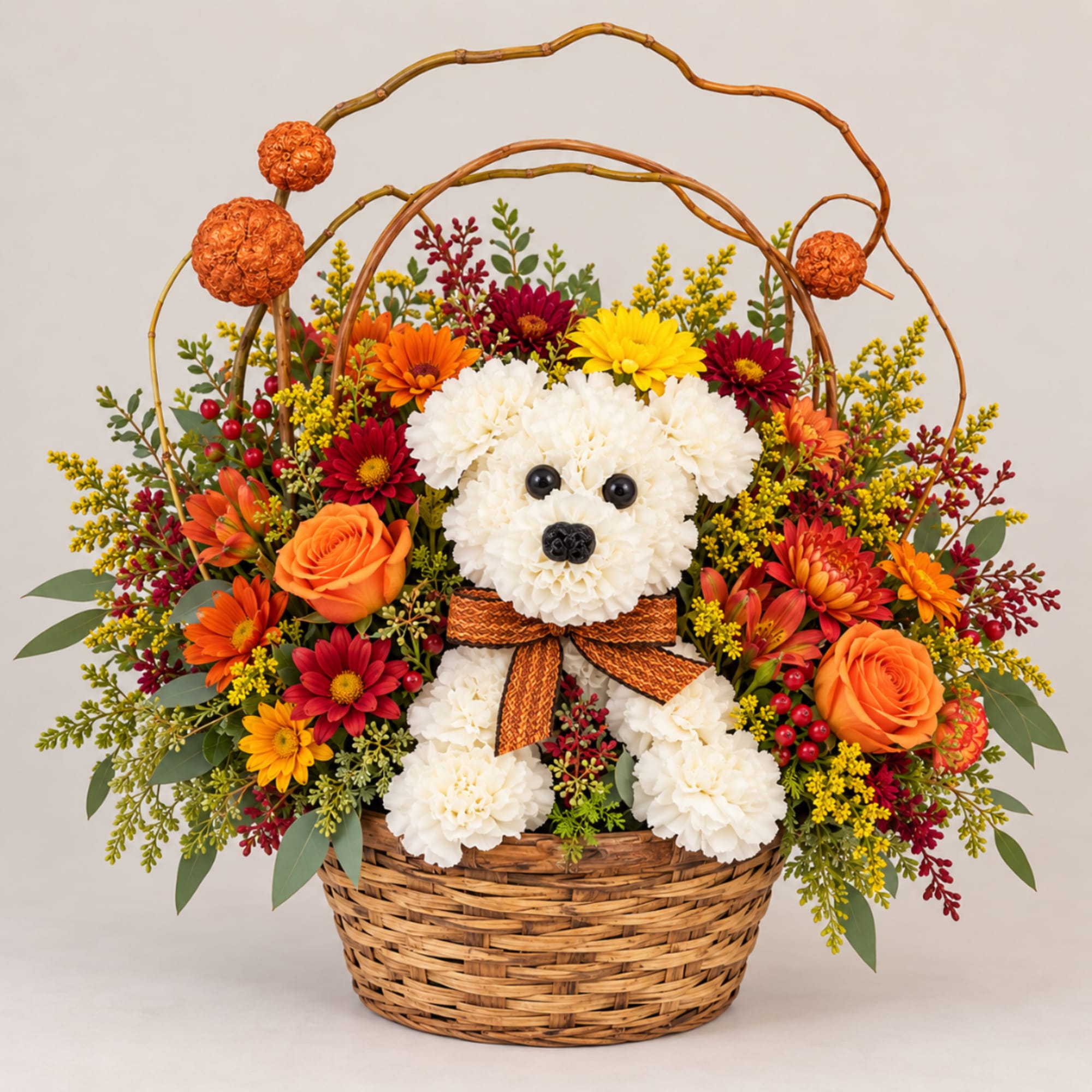 Flower basket with a teddy bear made of white carnations and orange blooms
