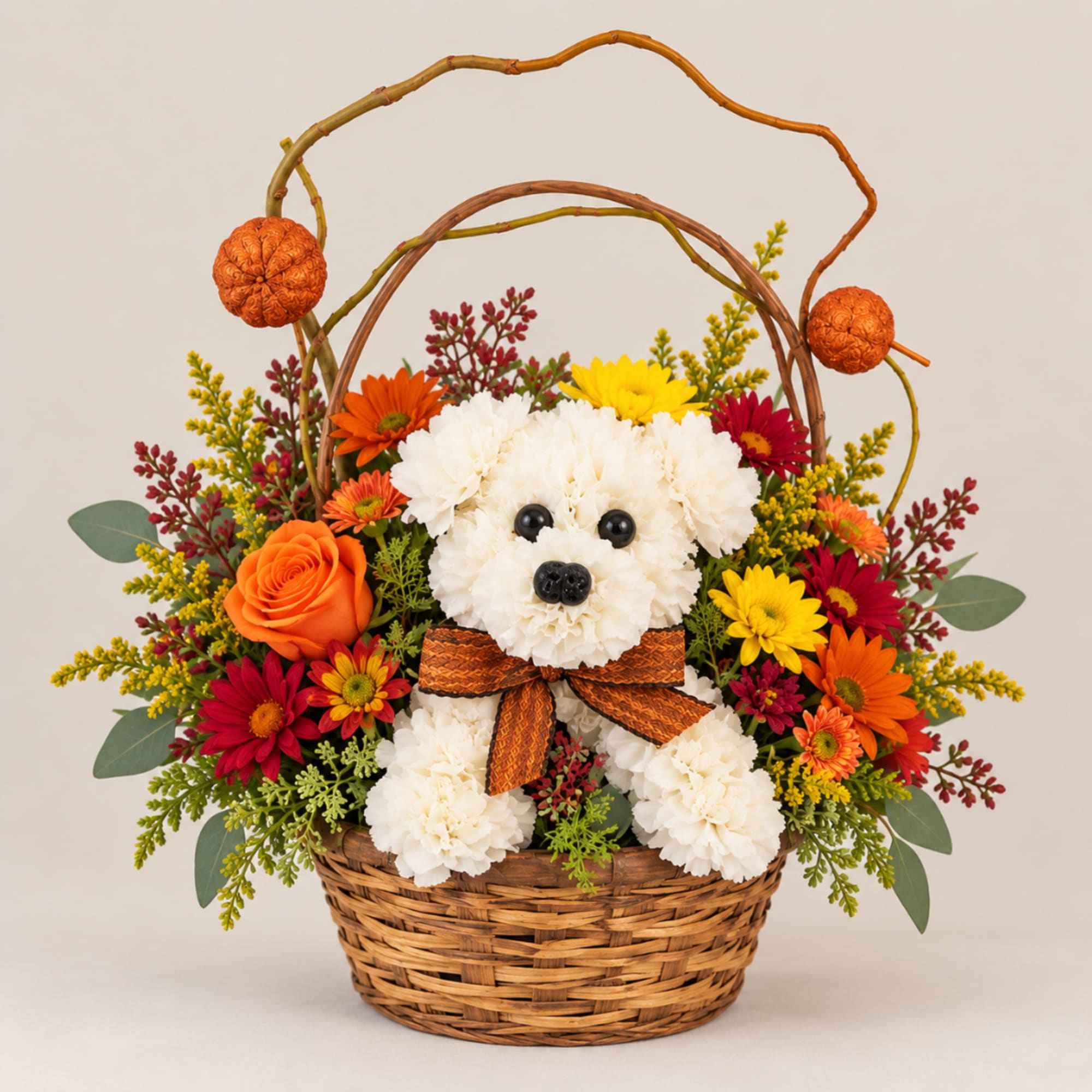 Flower basket with a teddy bear made of white carnations and colorful blooms