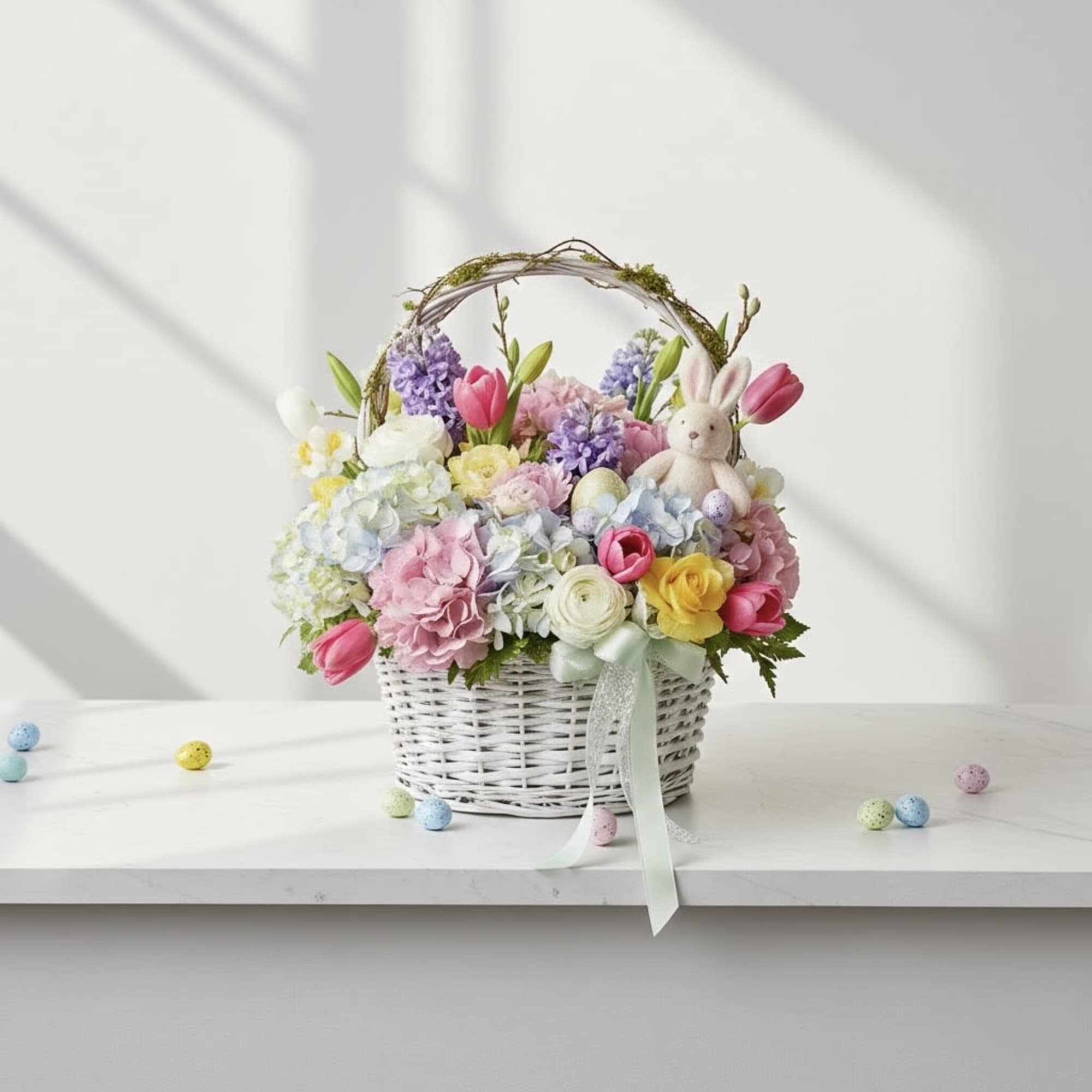 Pastel flower basket with a plush bunny and ribbon