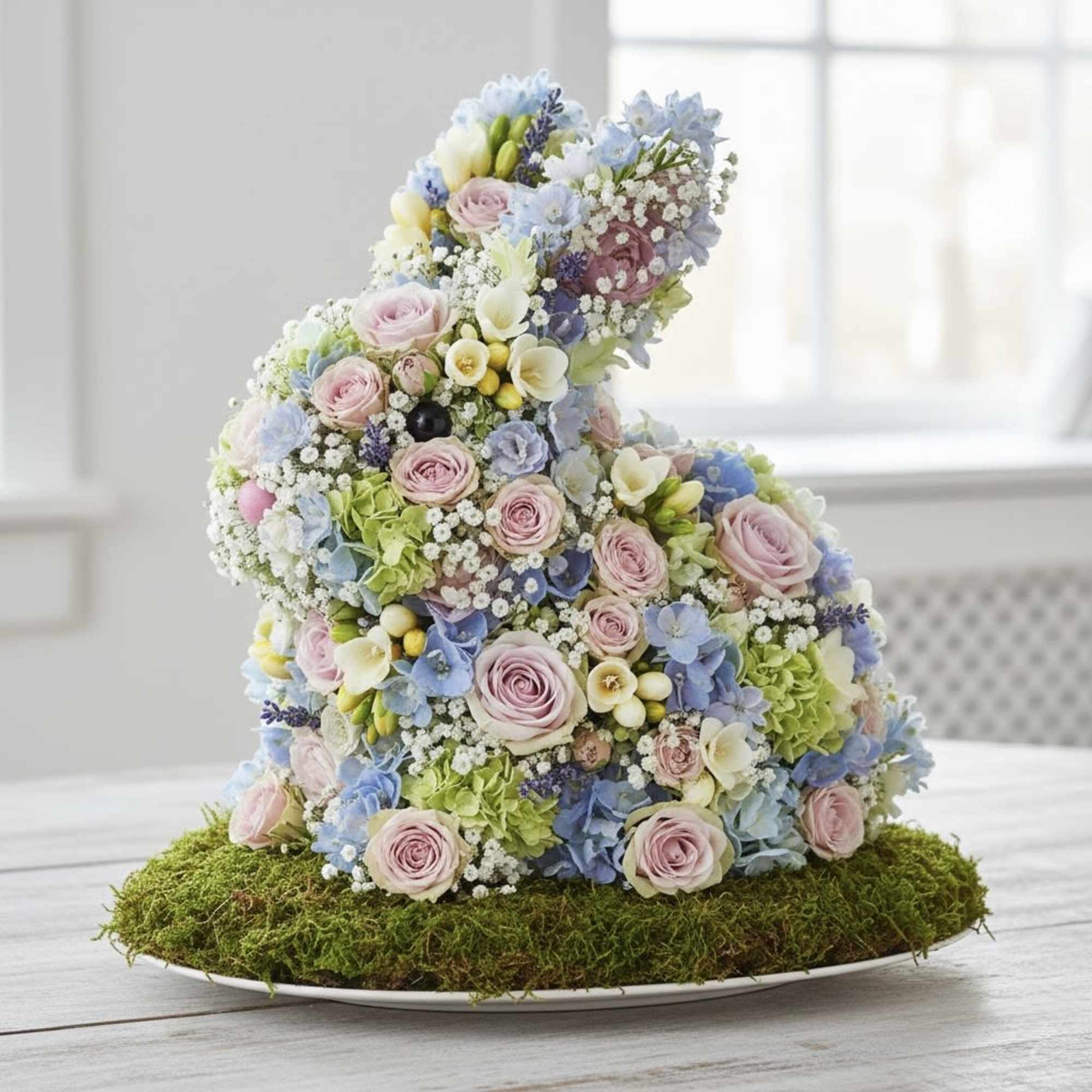 Floral bunny sculpture made of pastel roses and hydrangeas on a moss base