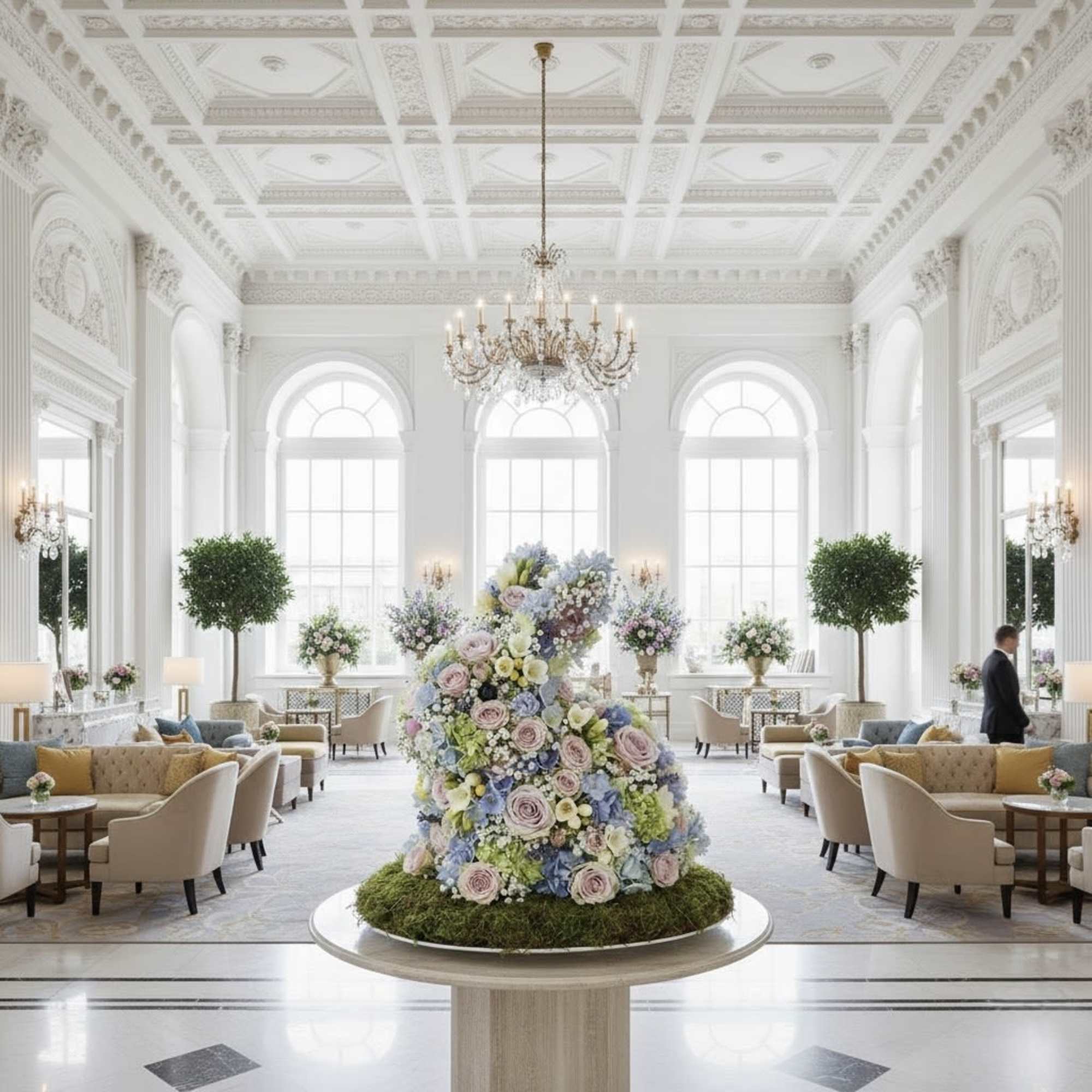 Large pastel floral centerpiece in a grand white room