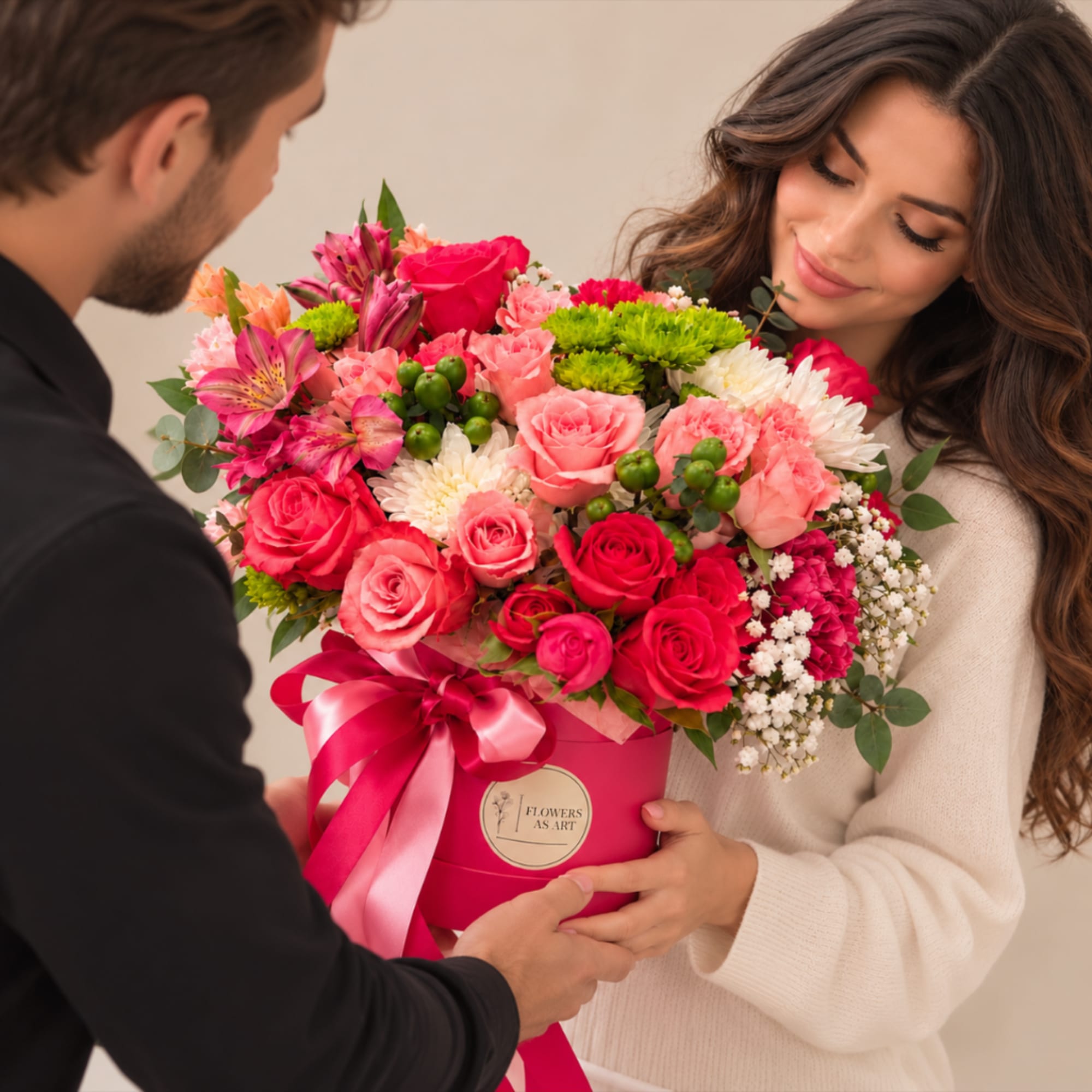 Pink and coral bouquet in a round box with a satin ribbon