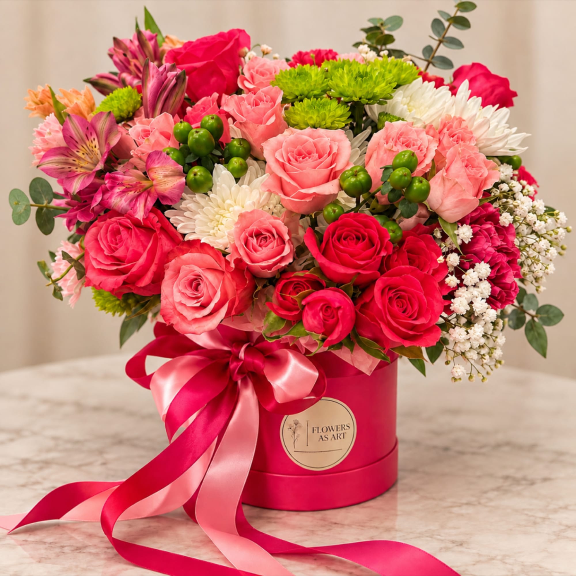 Pink and red rose bouquet in a round box with a ribbon bow