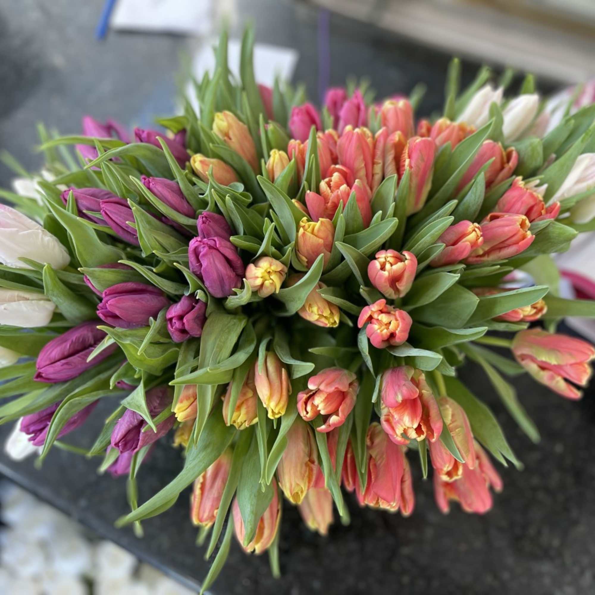 Bouquet of multicolored tulips with long green leaves