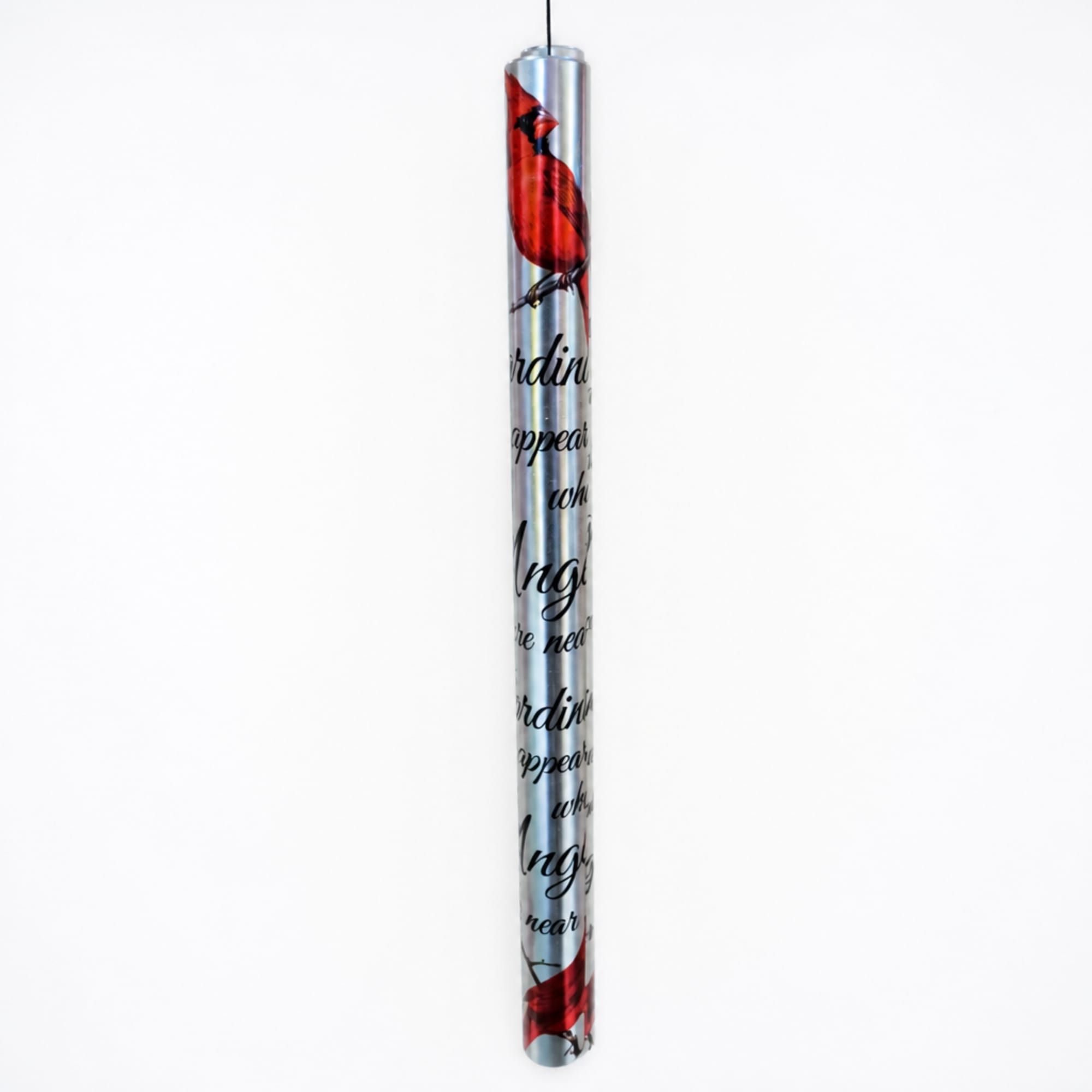 Tall silver gift wrap tube with red cardinal graphics and black script text