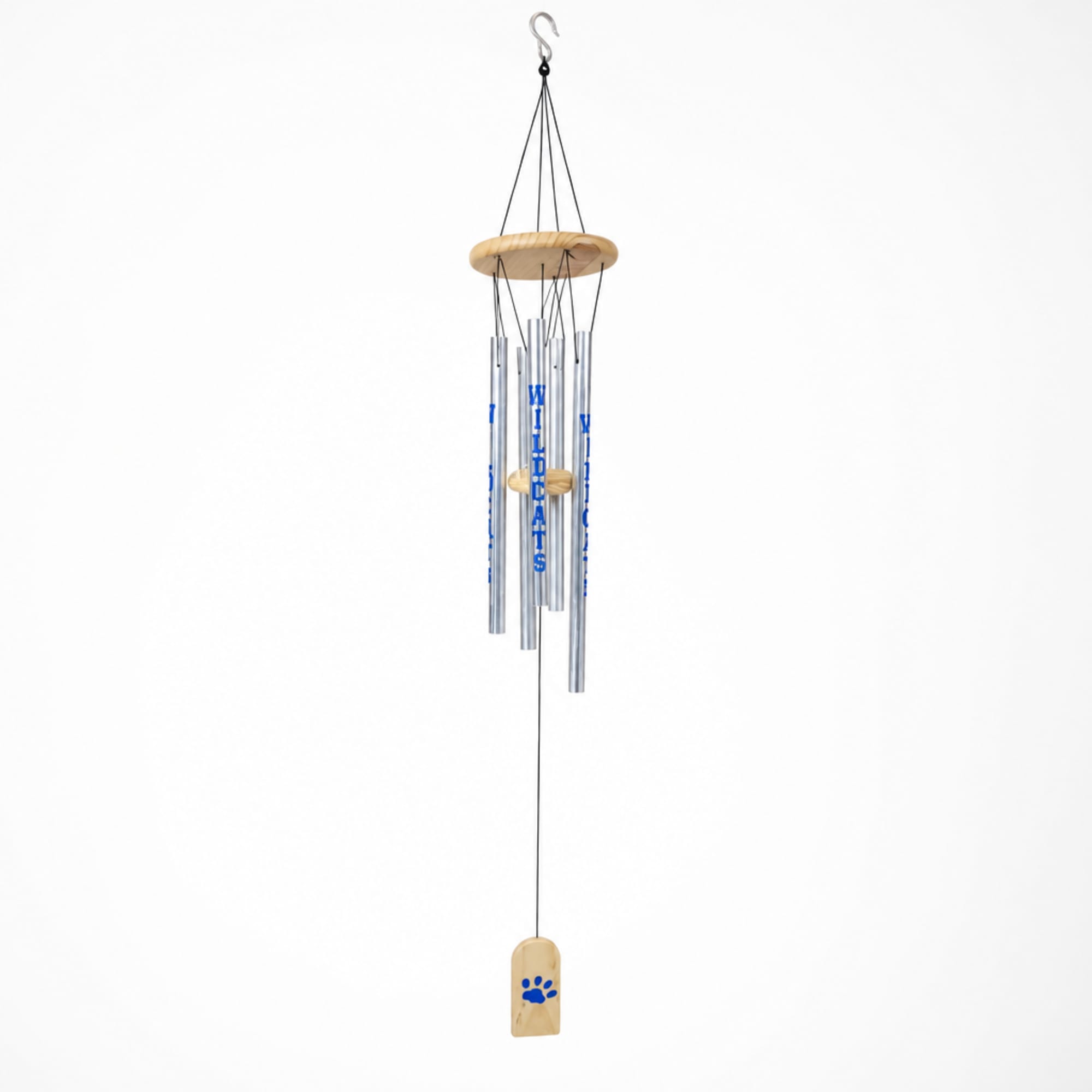 Hanging metal wind chime with wooden accents and a paw print pendant
