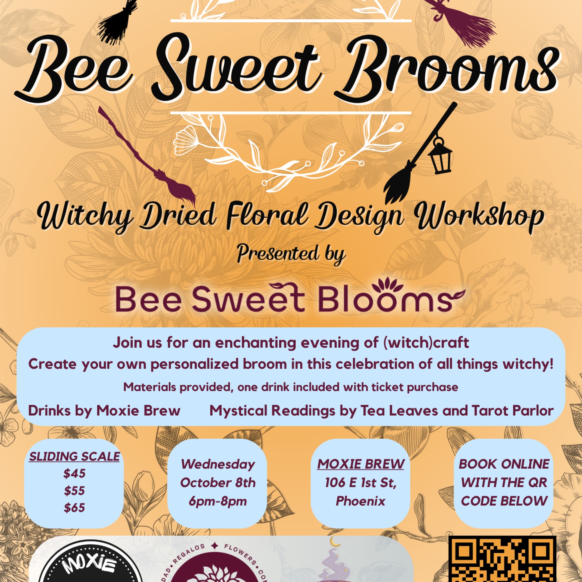 Promotional poster for a witchy dried floral workshop with brooms and a QR code.