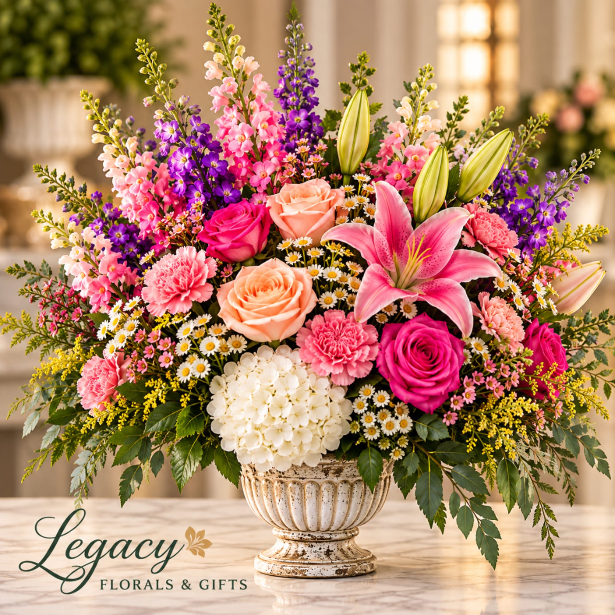 Colorful mixed bouquet in a white urn vase with roses and lilies