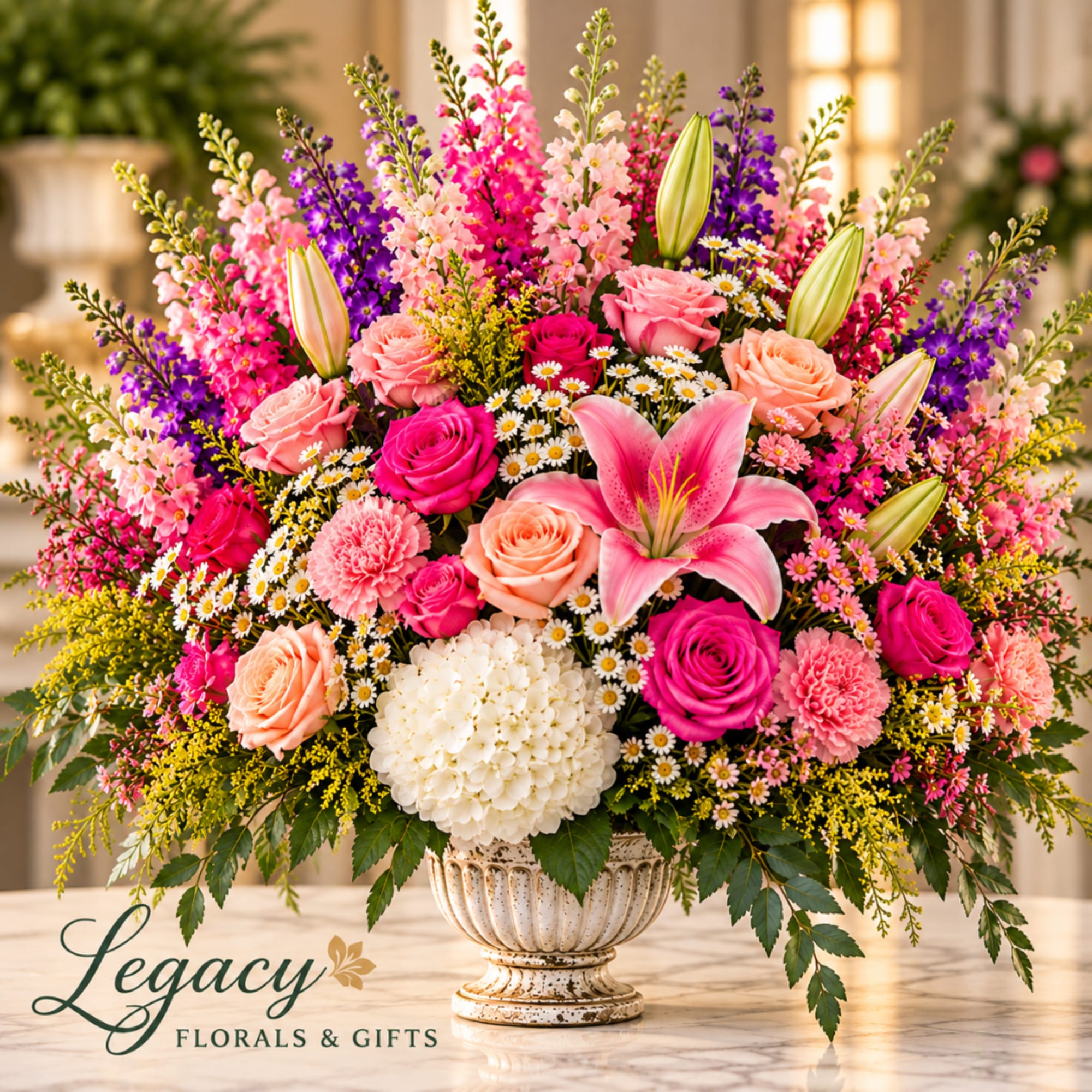 Large mixed bouquet in a white urn with pink roses and lilies