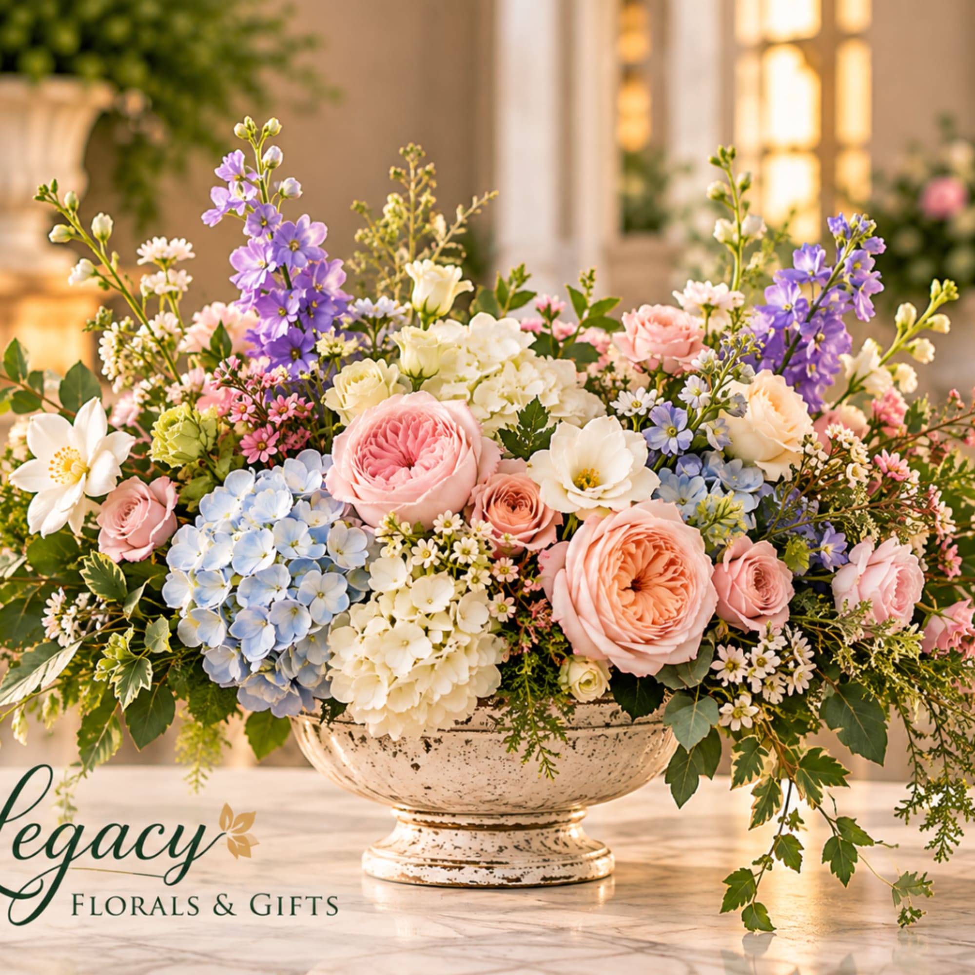Pastel floral arrangement in a white pedestal bowl with roses and hydrangeas