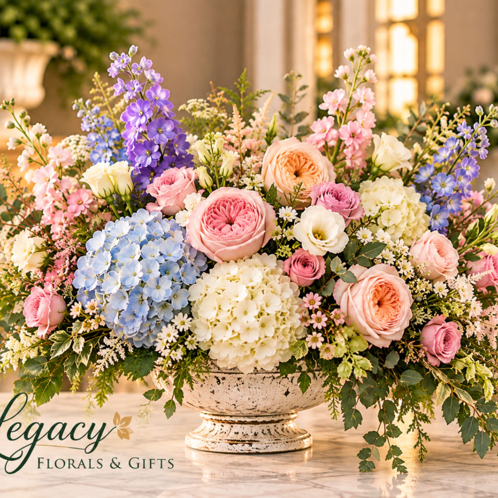 Pastel mixed flower arrangement in a white pedestal bowl