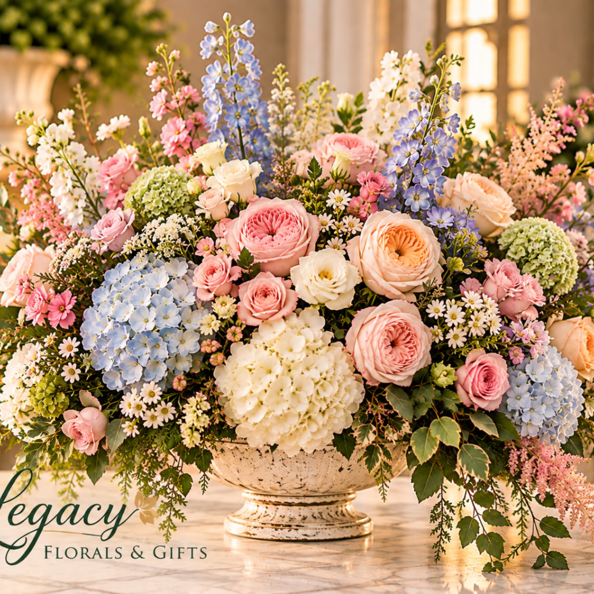 Pastel floral arrangement in a cream pedestal vase