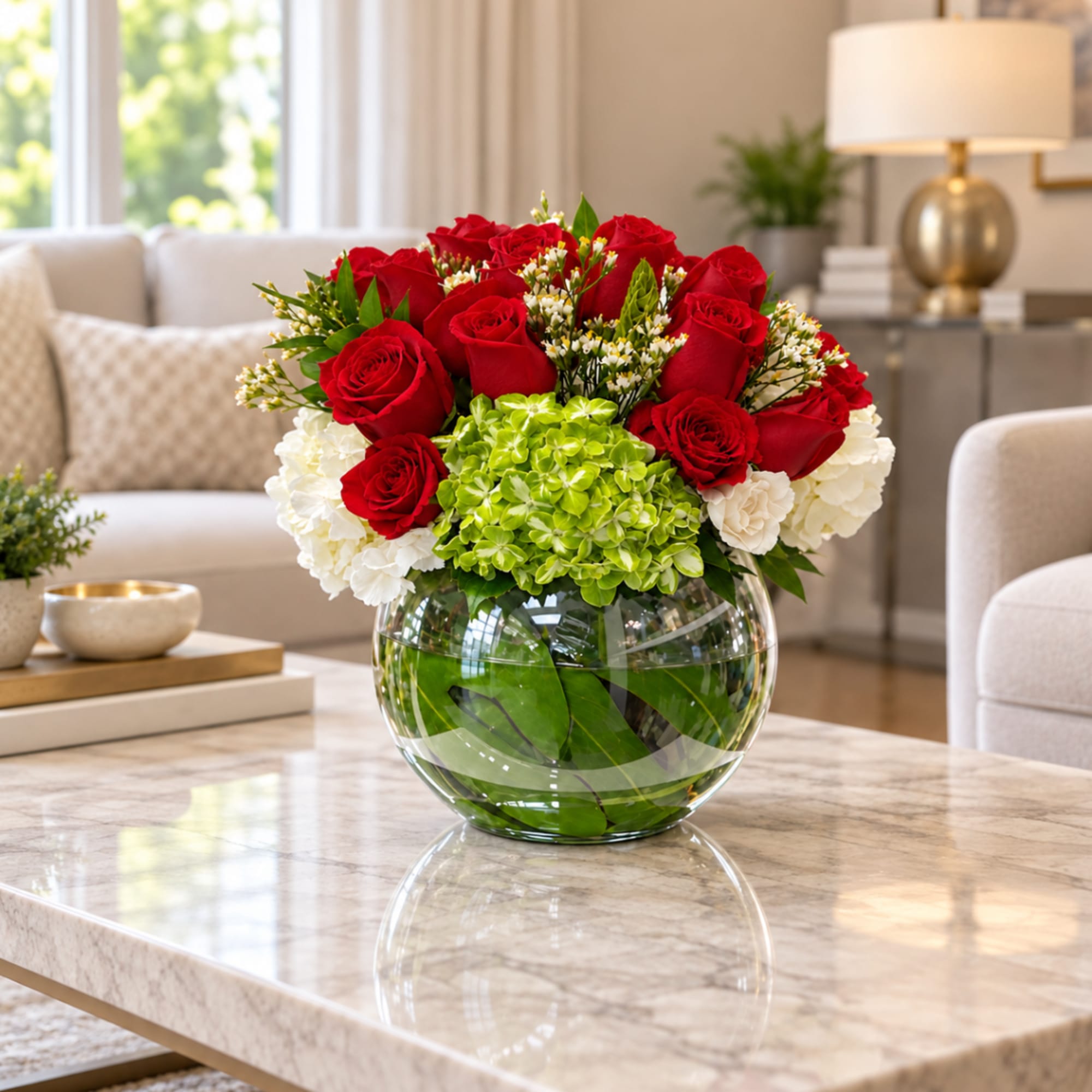 Red roses and white hydrangeas in a round glass vase