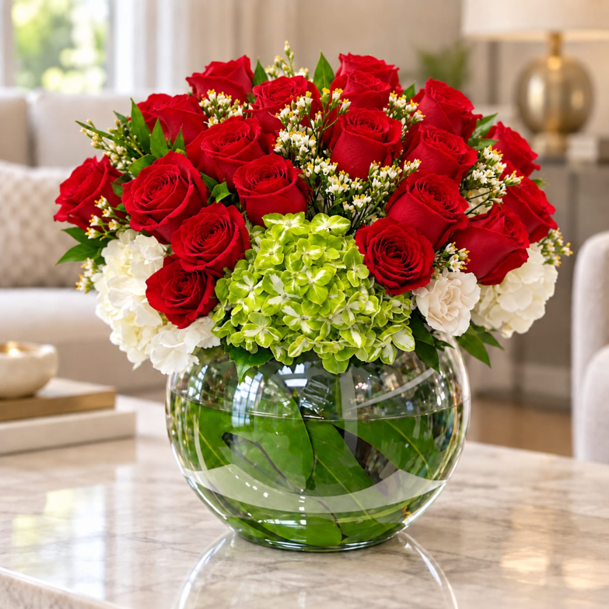 Red roses and white flowers arranged in a round glass vase