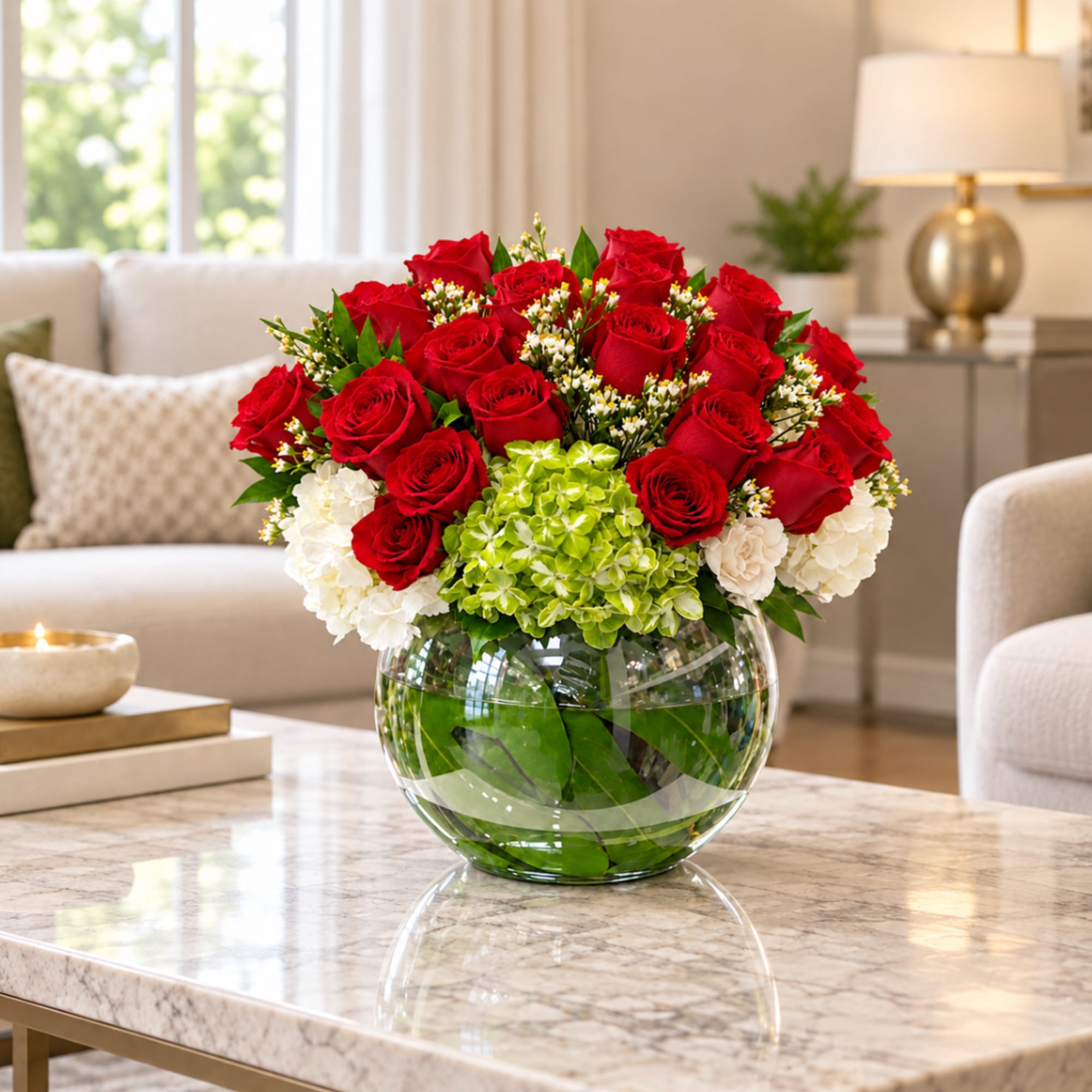 Red roses and white hydrangeas in a round glass vase