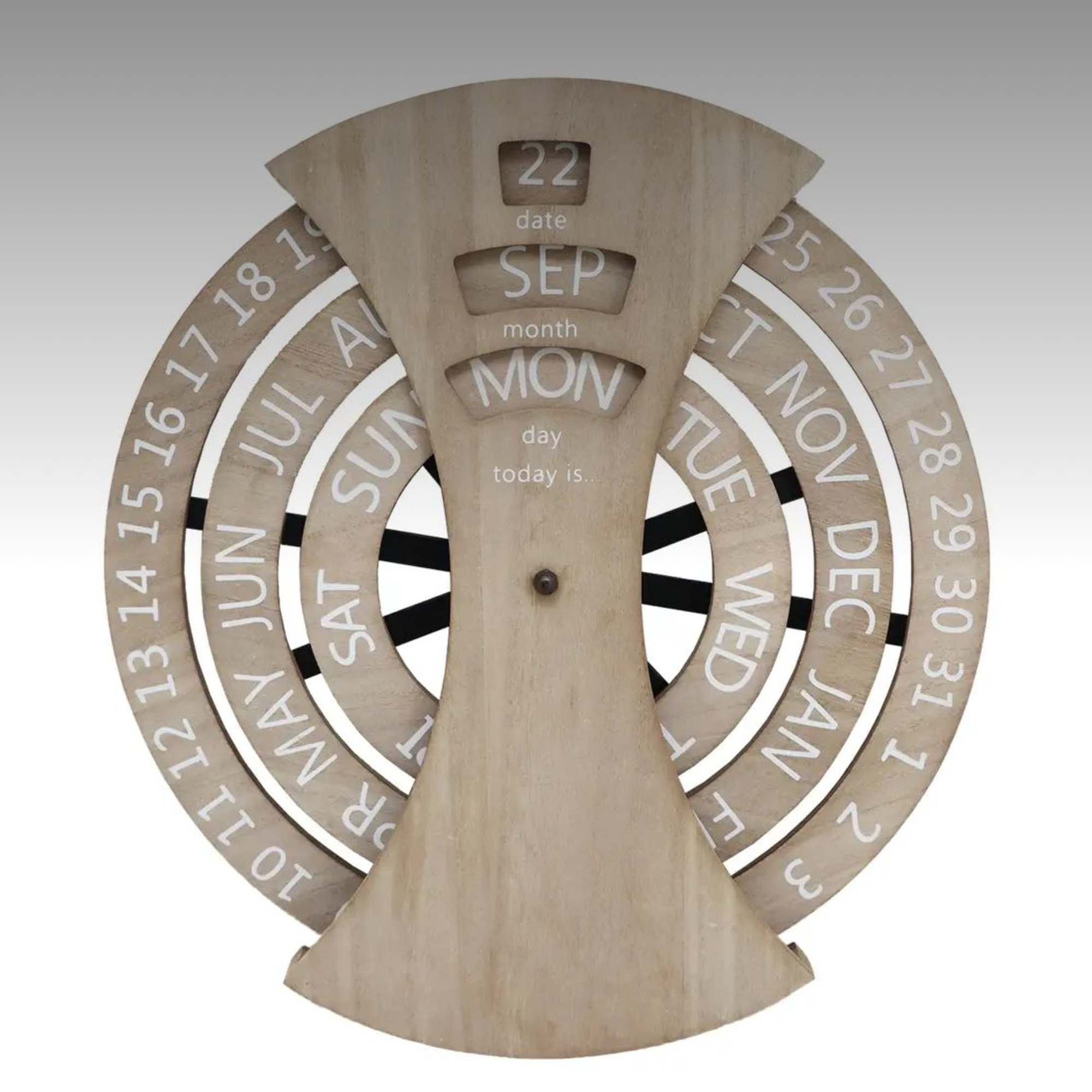 Wooden perpetual calendar with rotating month and day rings