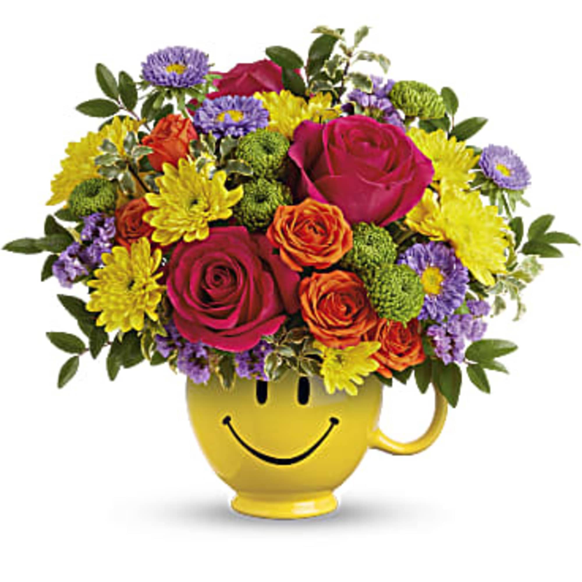 Mixed bouquet in a yellow smiley-face mug
