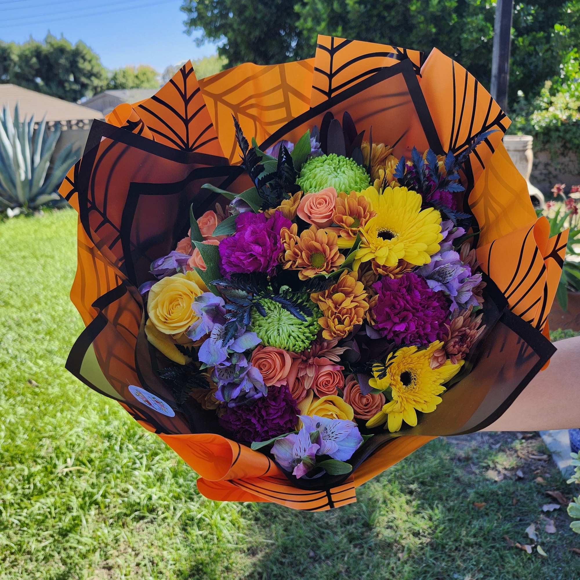 Designer's Choice fall flowers with Halloween theme paper, photo 2 of 2