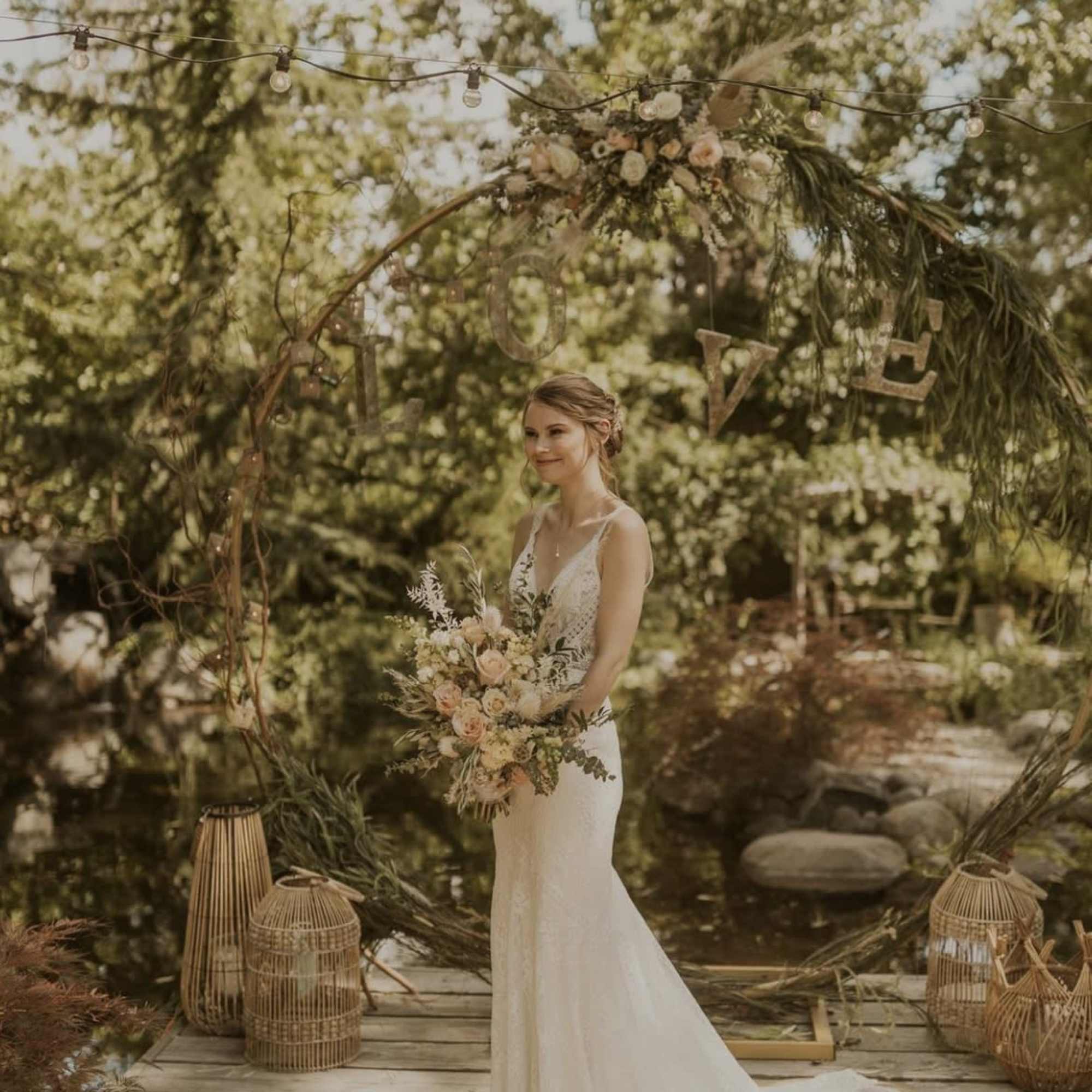 Bride in a white dress holding a pastel bouquet under a floral arch