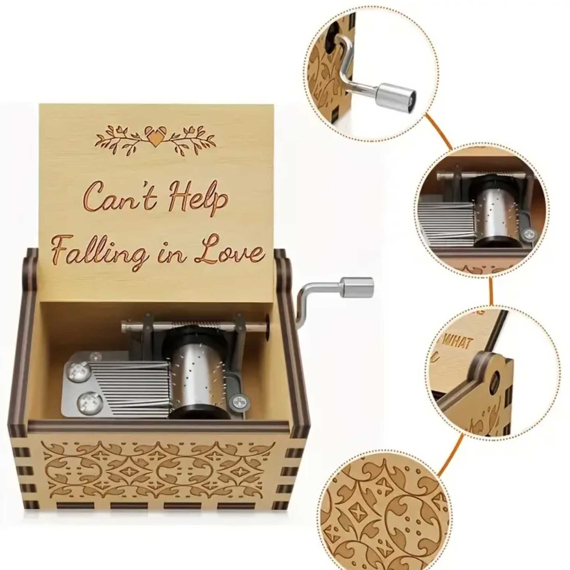 Wooden music box with engraved "Can't Help Falling in Love" text
