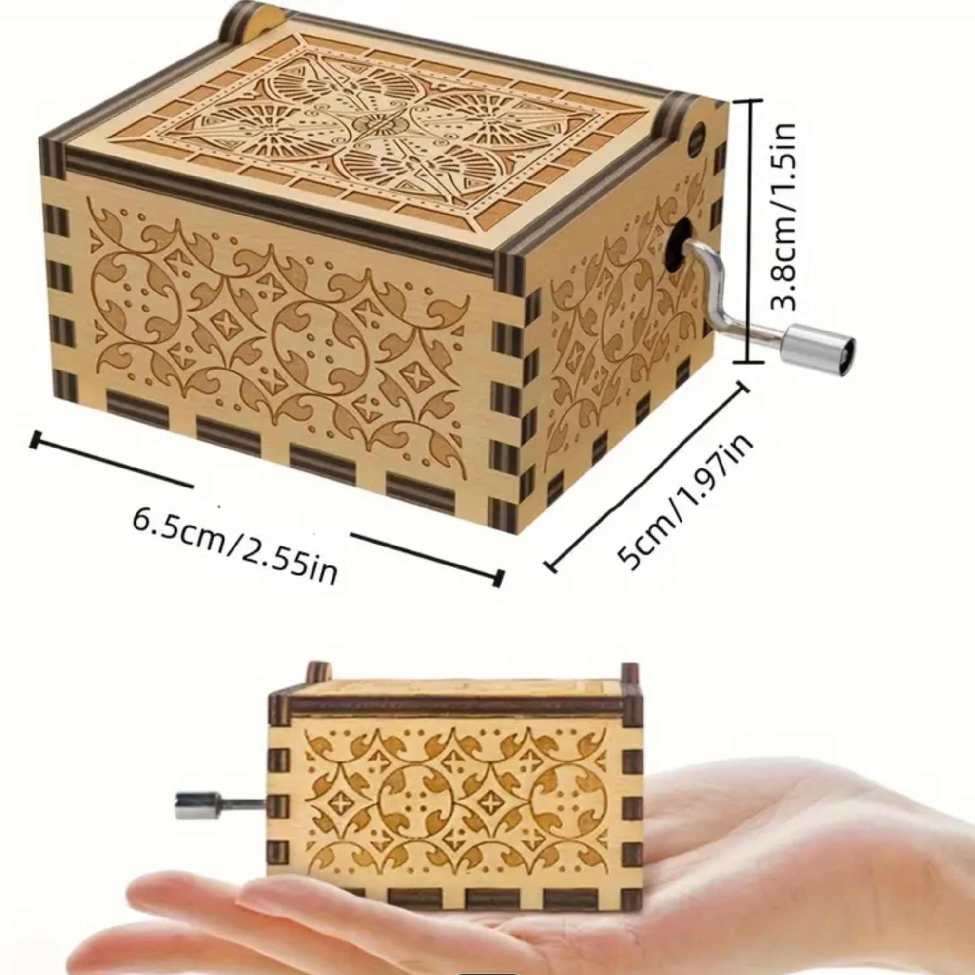 Small wooden hand-crank music box with carved floral patterns