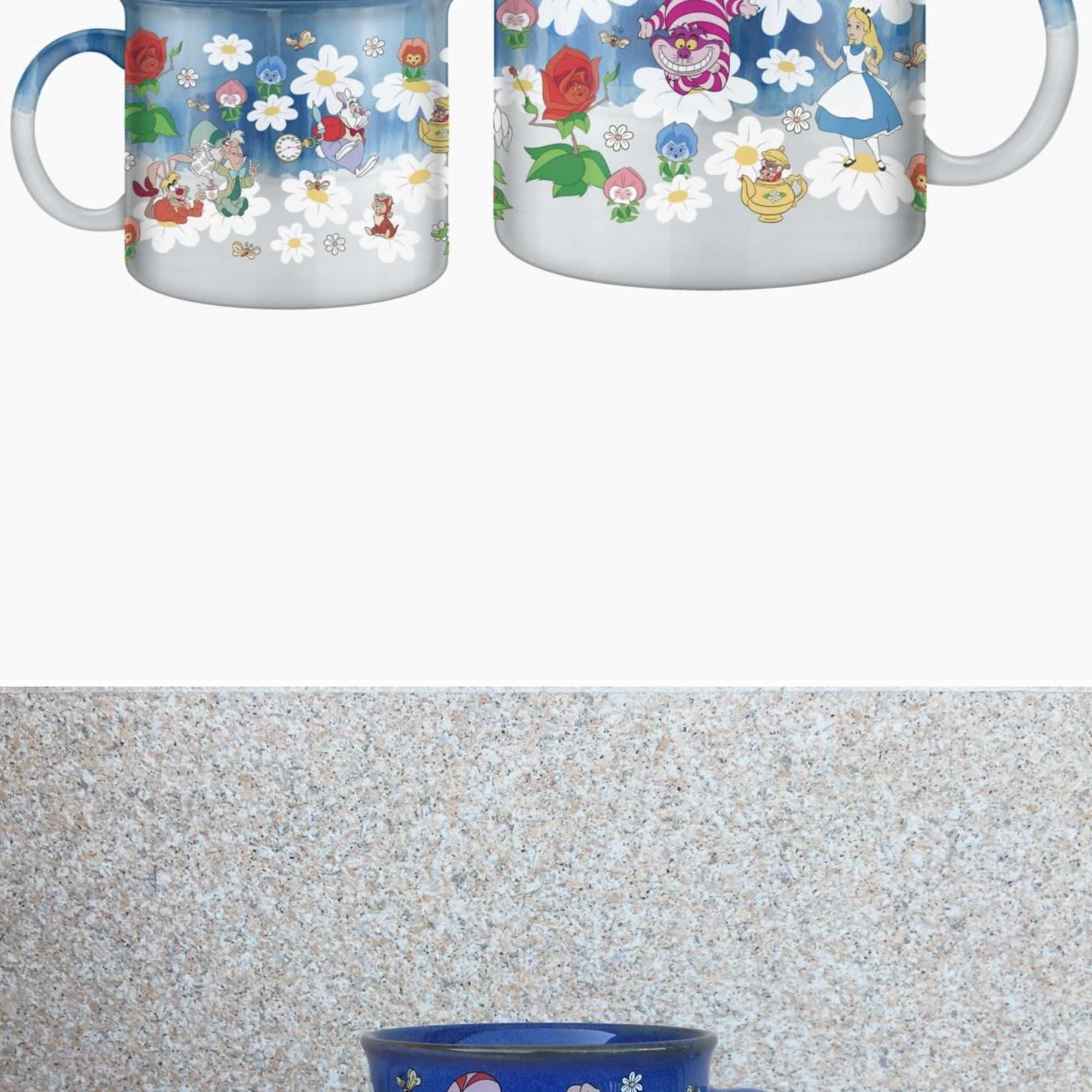 Blue mug with Alice in Wonderland characters and white daisies
