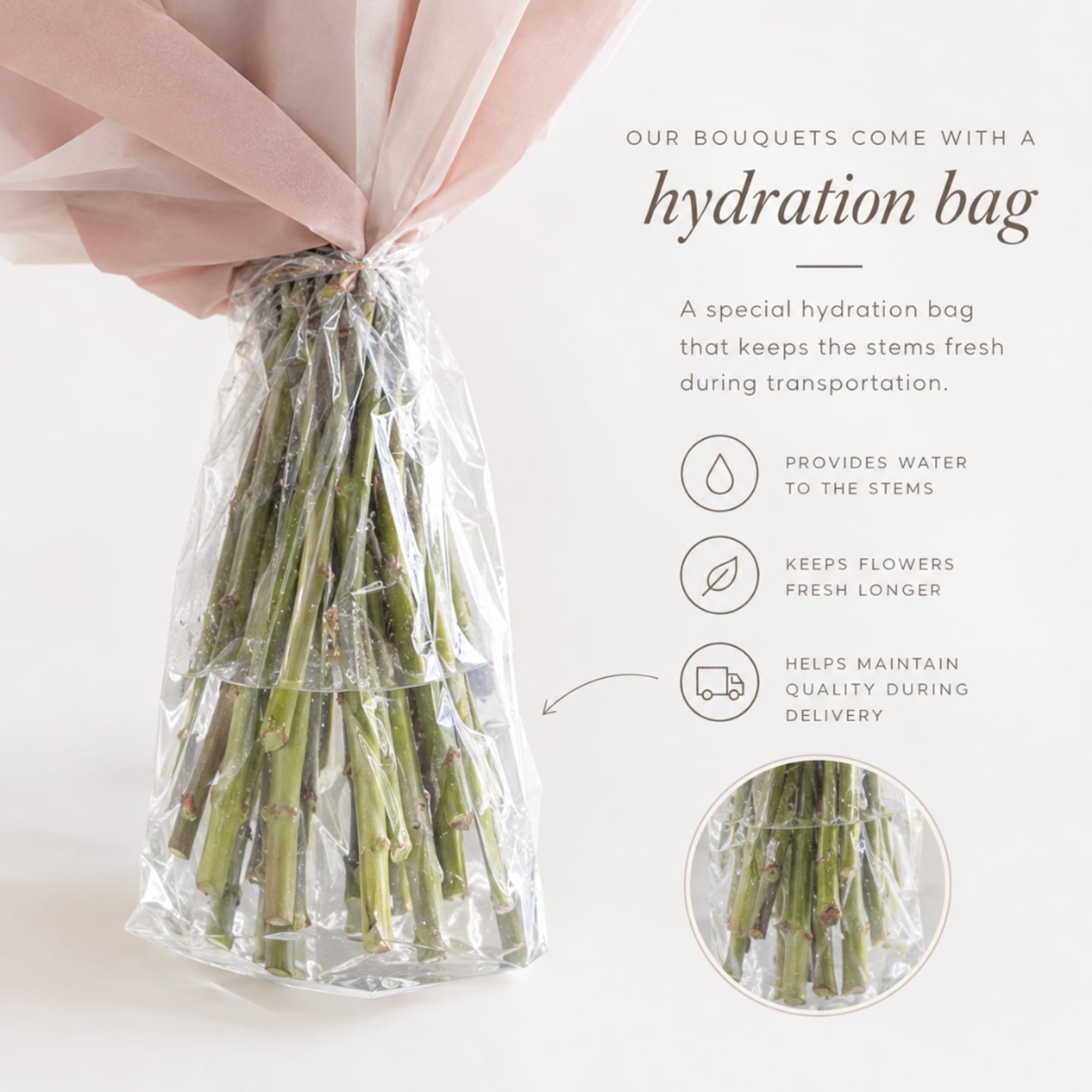 Bouquet stems wrapped in a clear hydration bag with pink paper