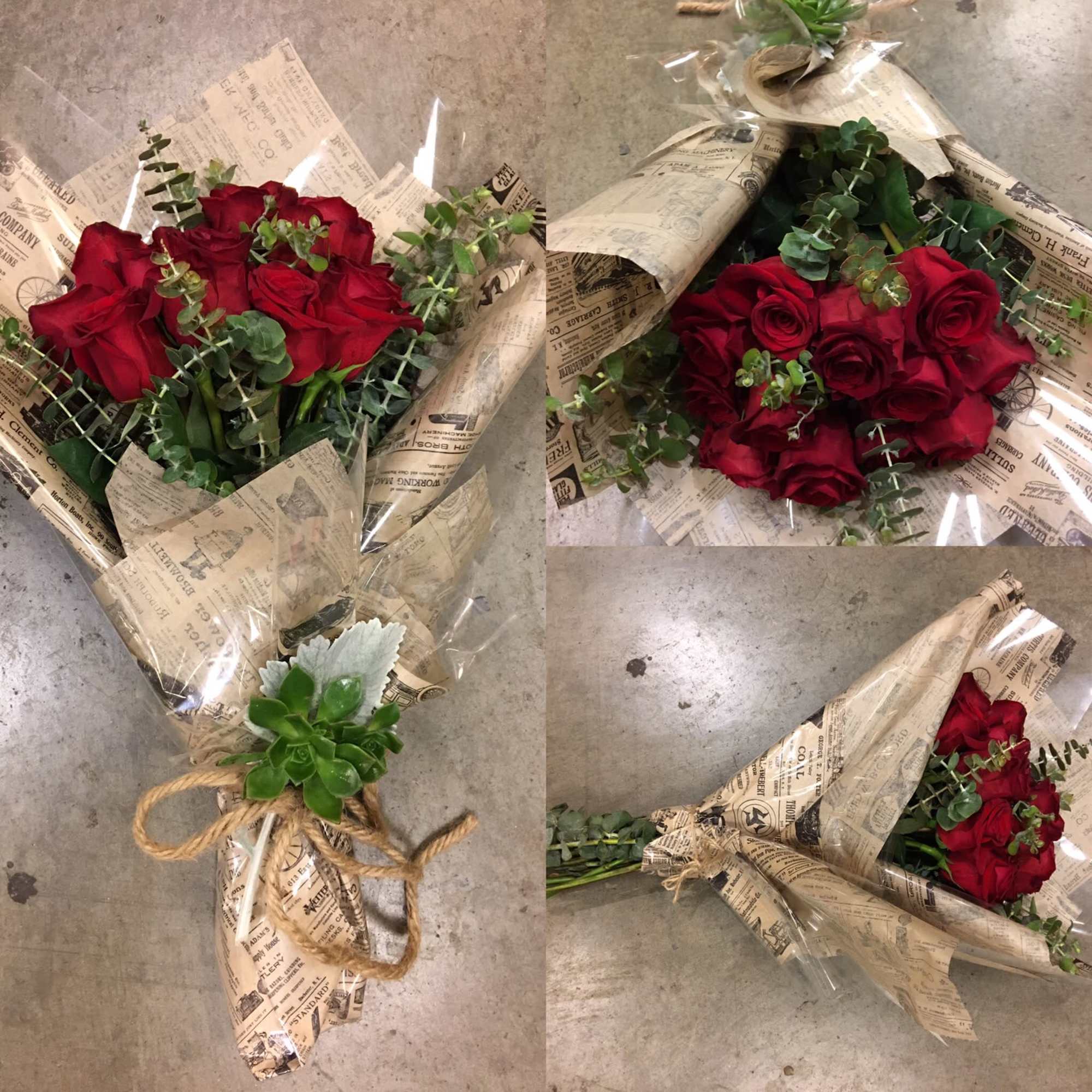 Bouquets of red roses wrapped in newspaper-style paper