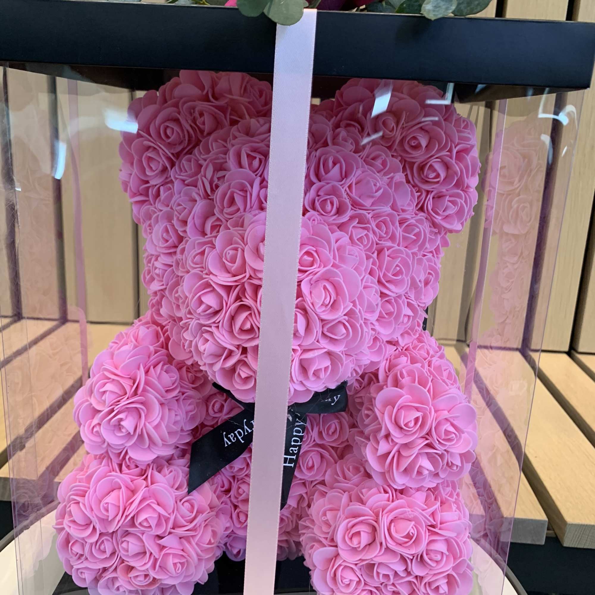 Pink rose teddy bear in a clear gift box with a ribbon, photo 3 of 3