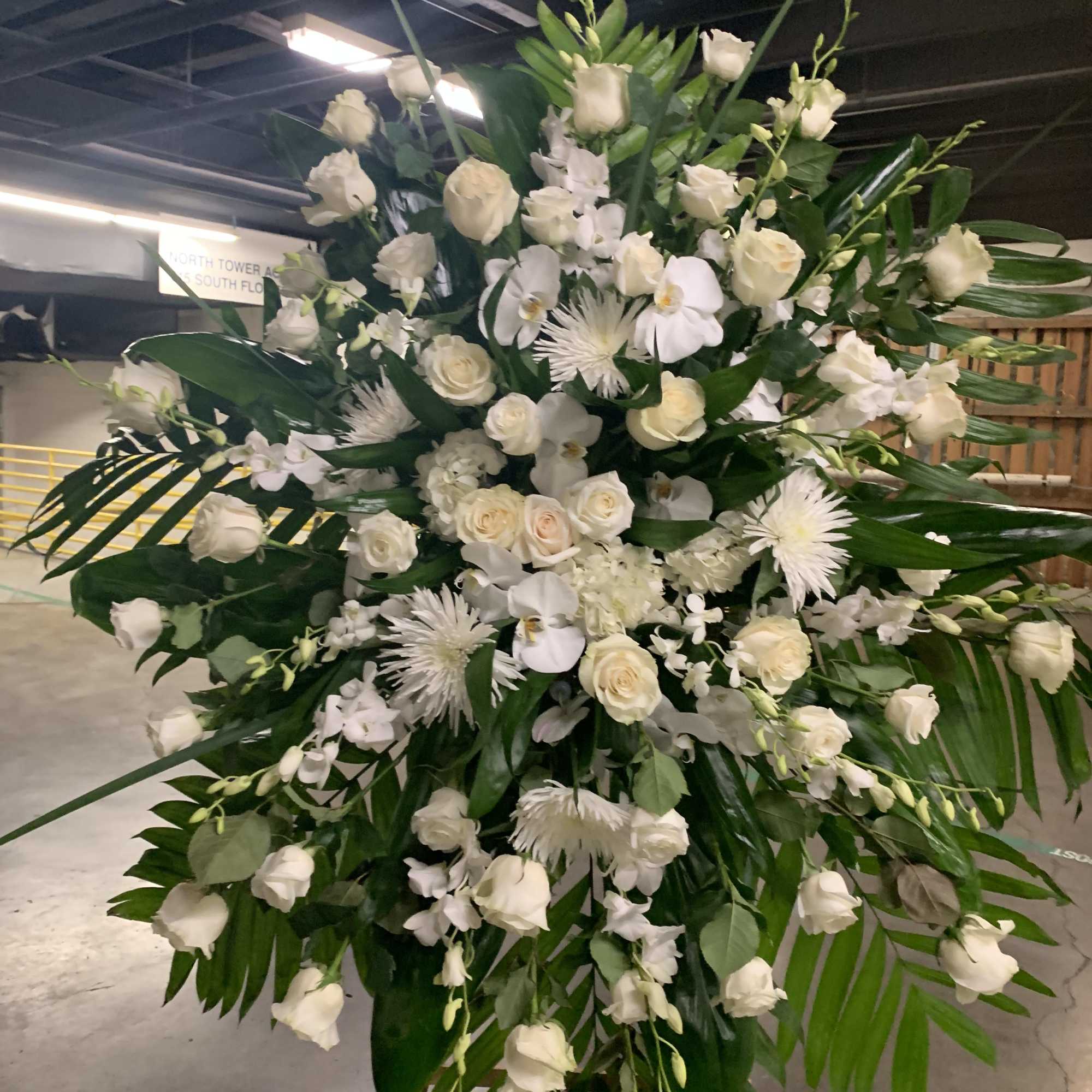Large white floral standing spray with roses and orchids, photo 4 of 4