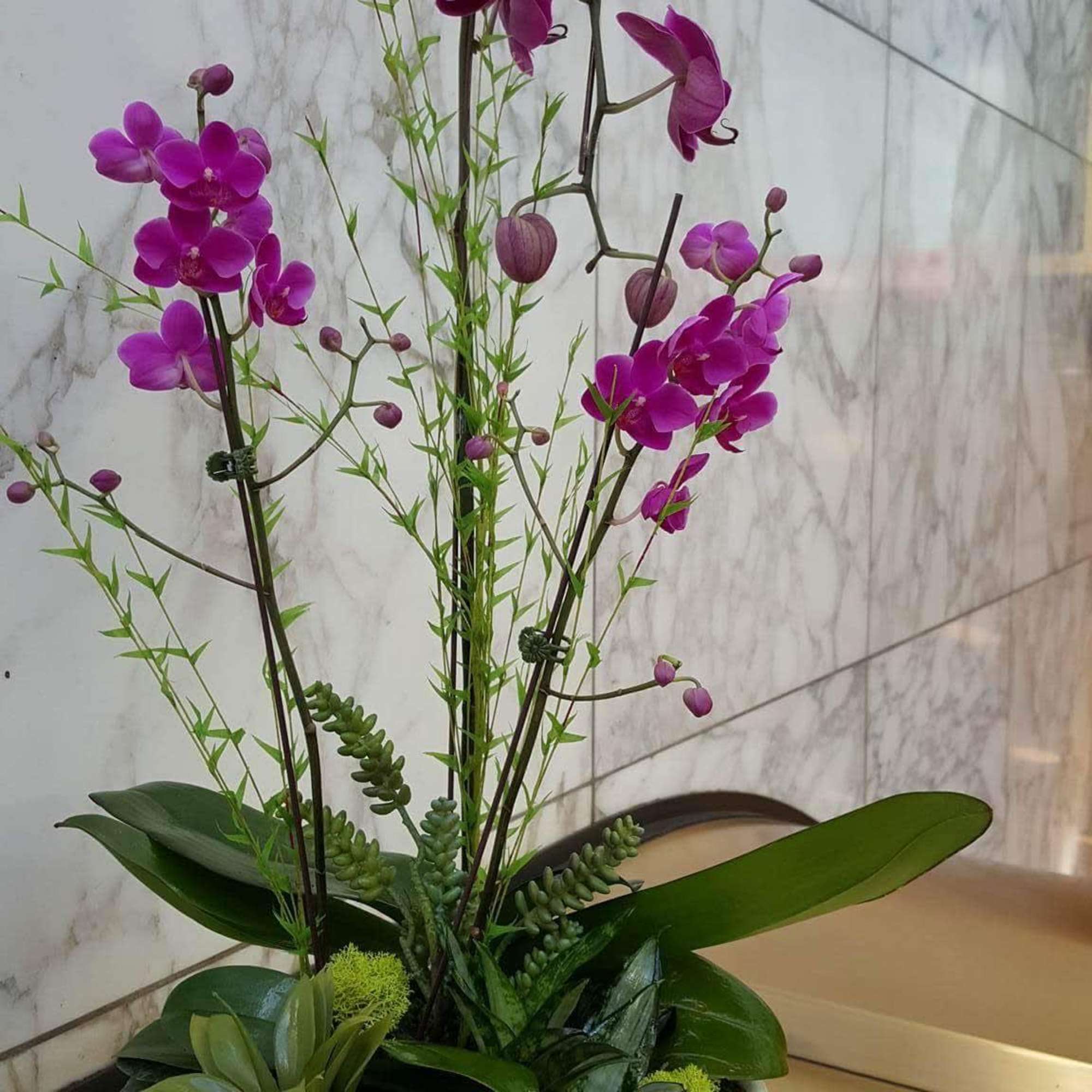 Purple orchids arranged in a white bowl planter, photo 3 of 3