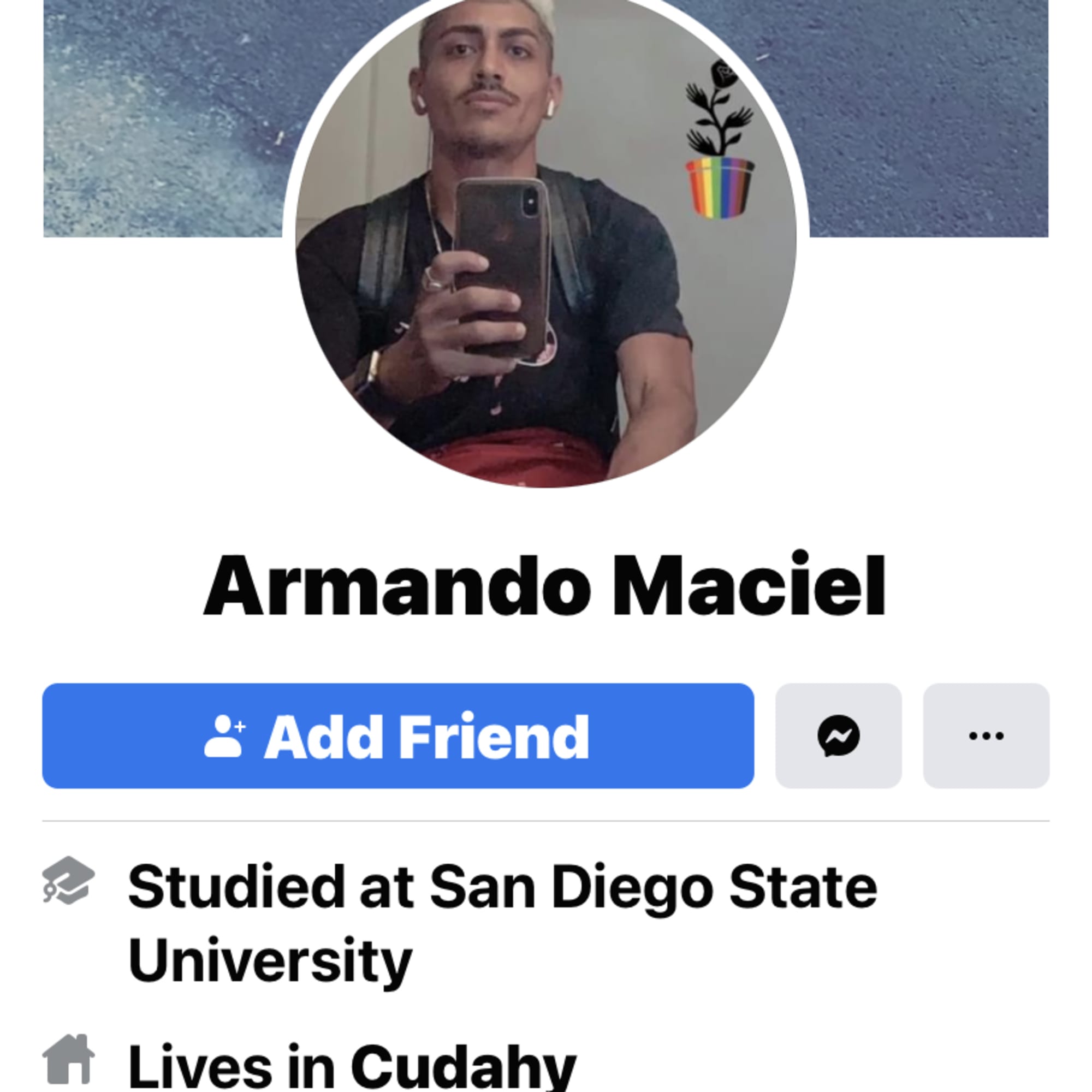 Facebook profile page for Armando Maciel with a selfie profile photo