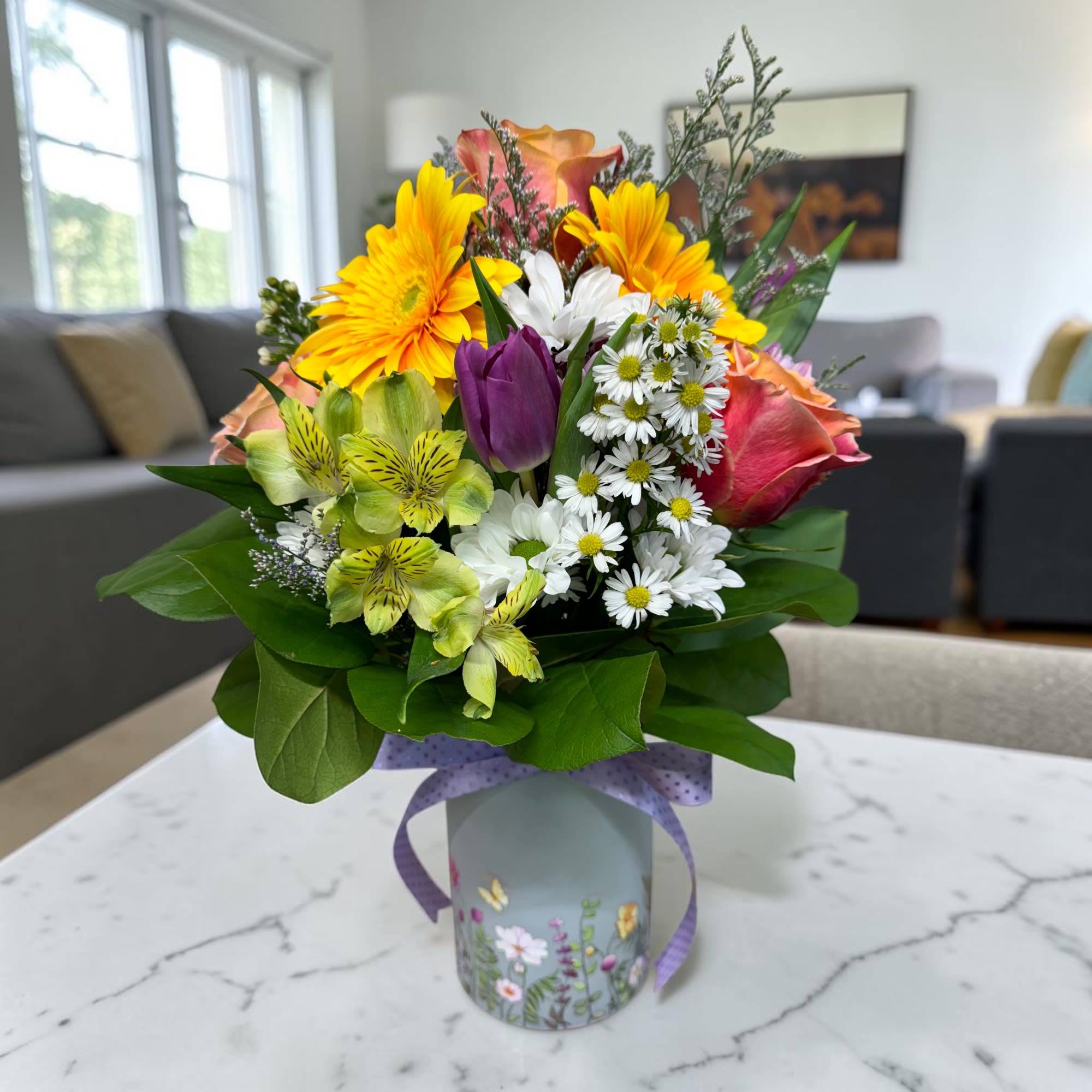 Spring is front an center in this classy display of spring blooms