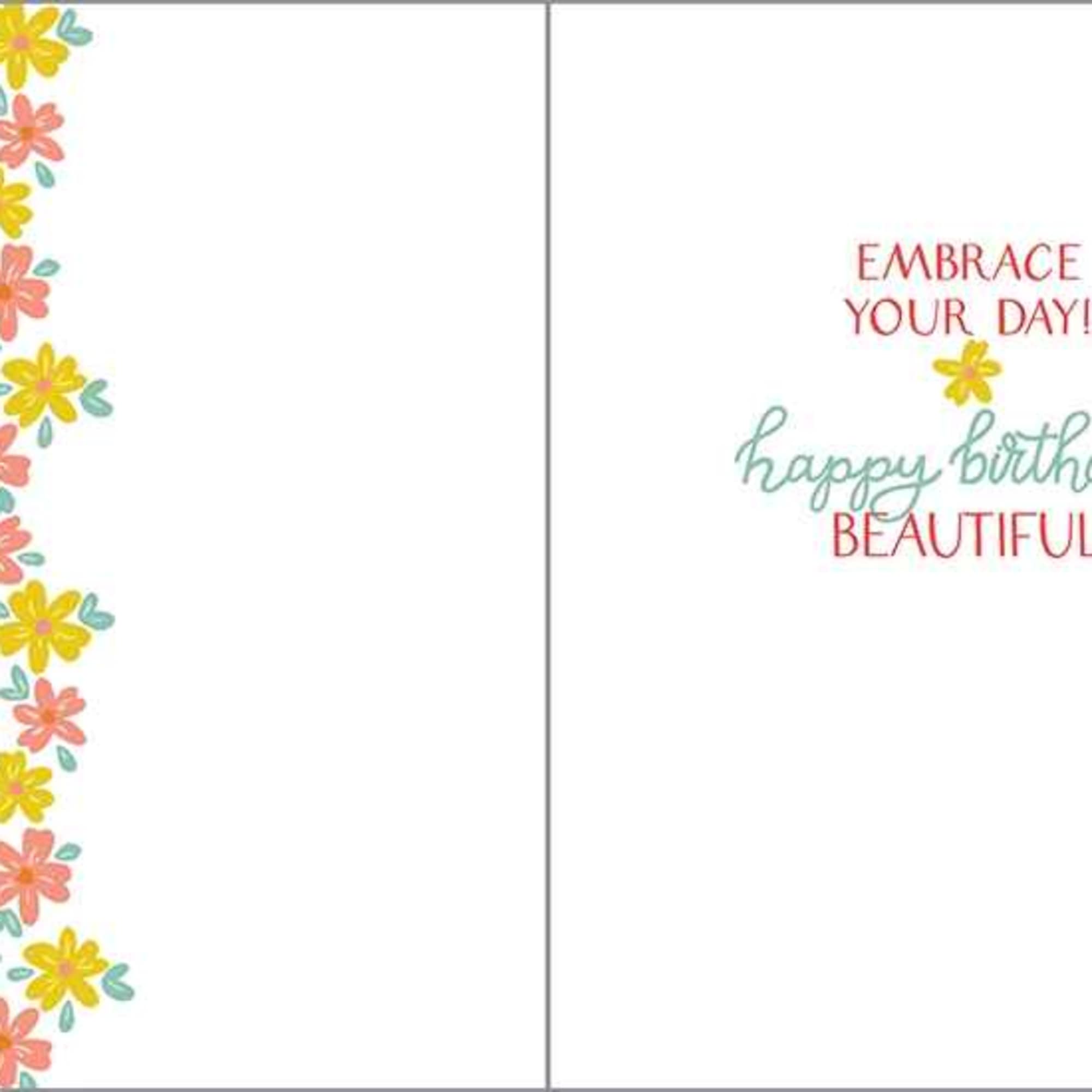 Greeting card with envelope reads:

Front: "Gray hair don't care"
Inside: "Embrace your day!, photo 2 of 2